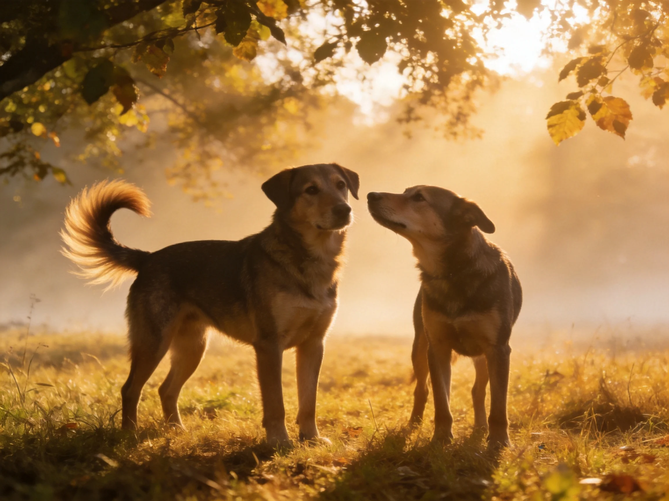 Two tan dogs interact in a sun-drenched meadow
