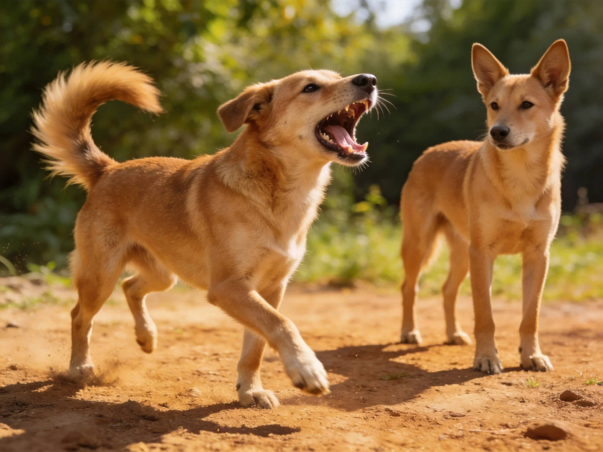 Two tan dogs interact—one running, one standing—on a dusty path.