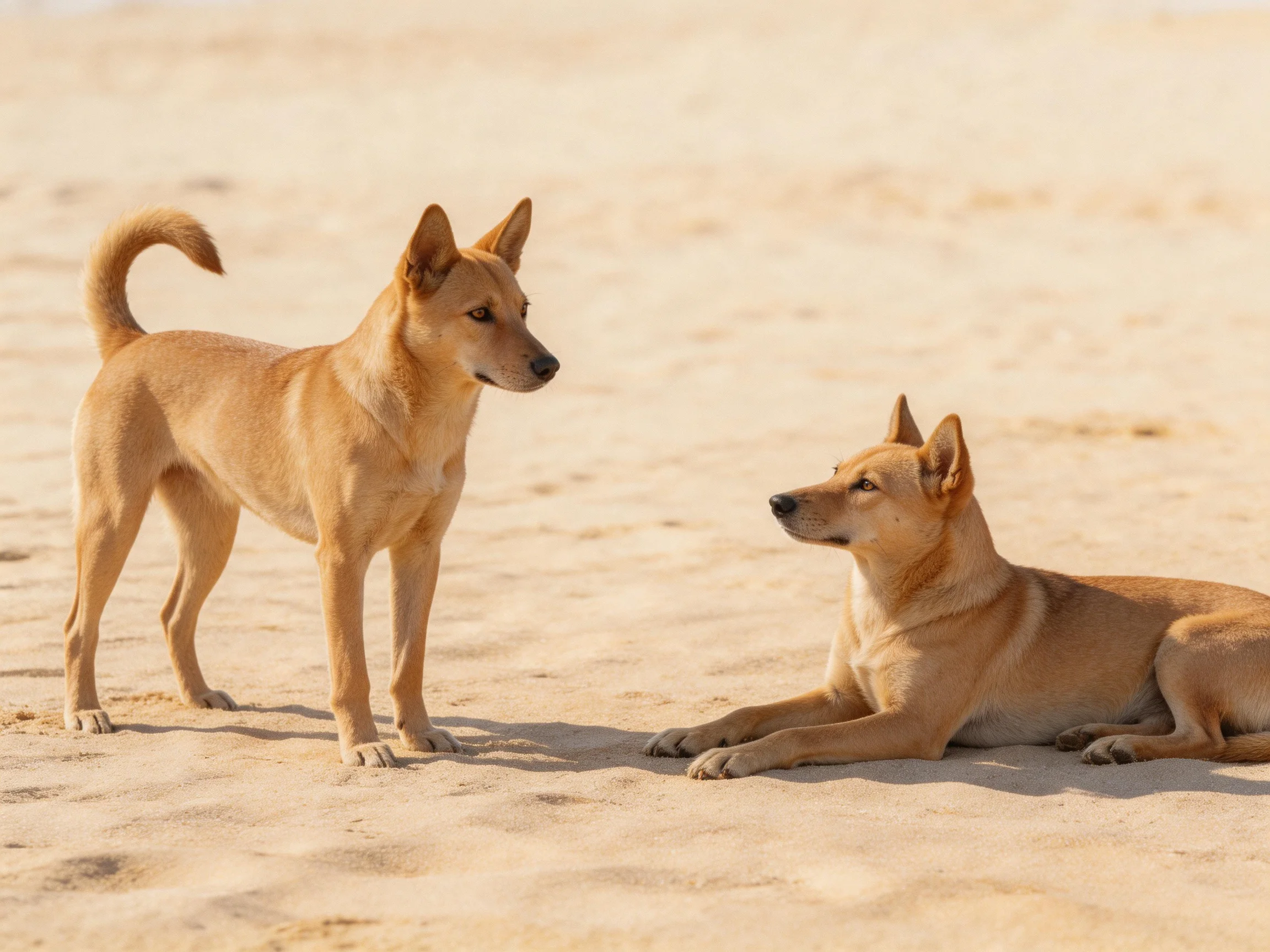 Two tan dogs interact on a sandy surface.