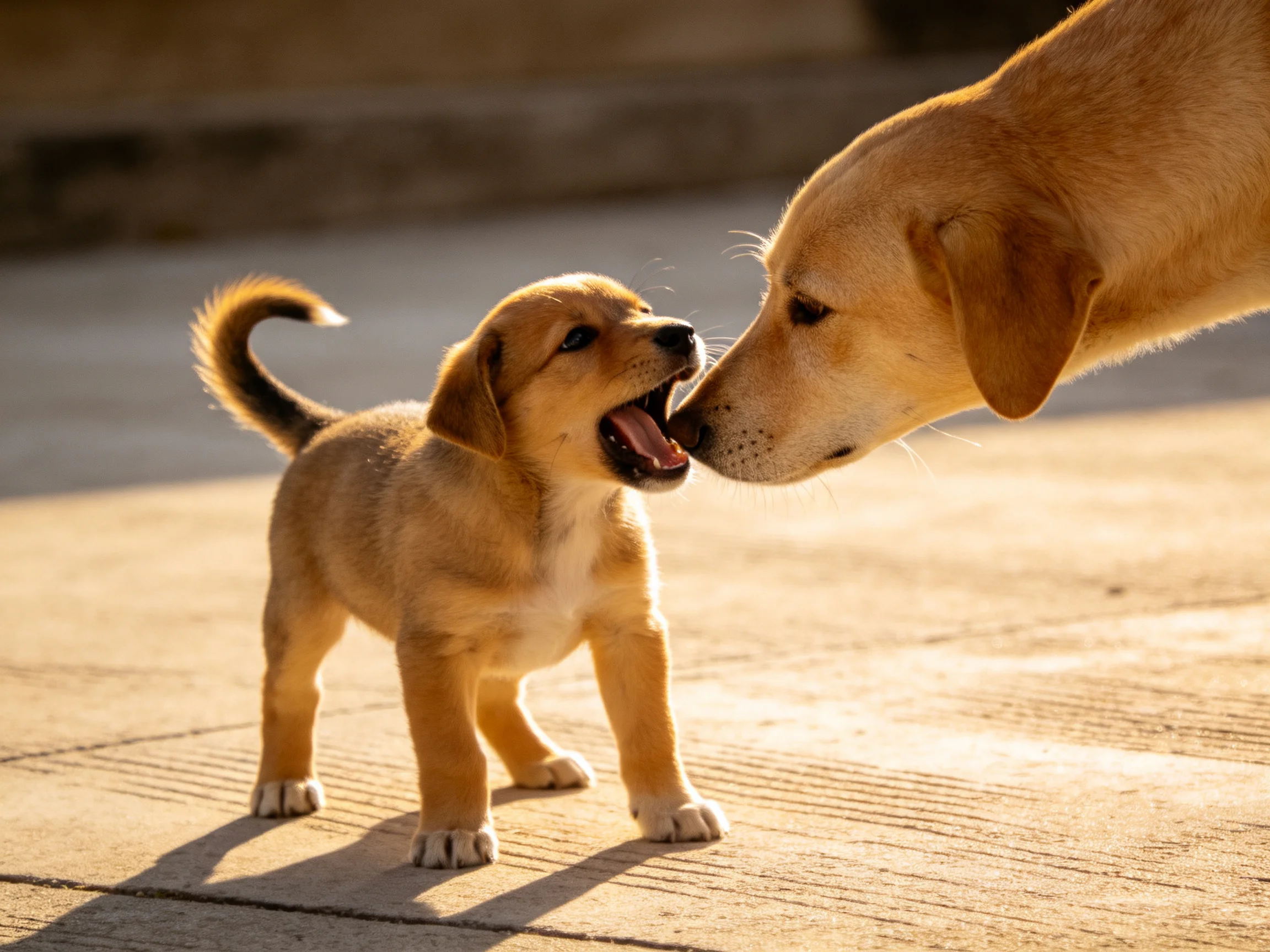 Two tan dogs interact on a sunlit pavement