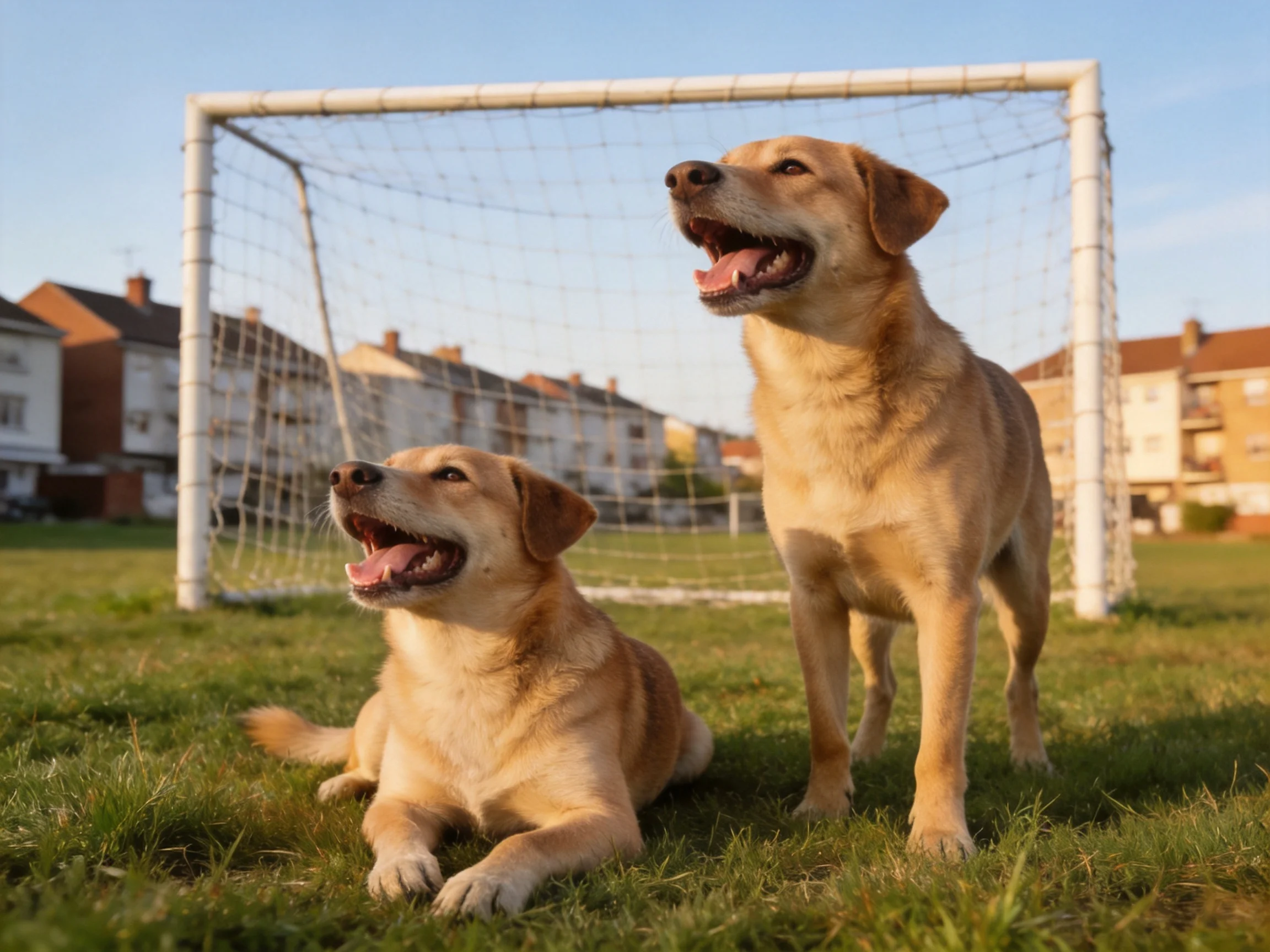 Two tan dogs rest beside a soccer goal in an open area.