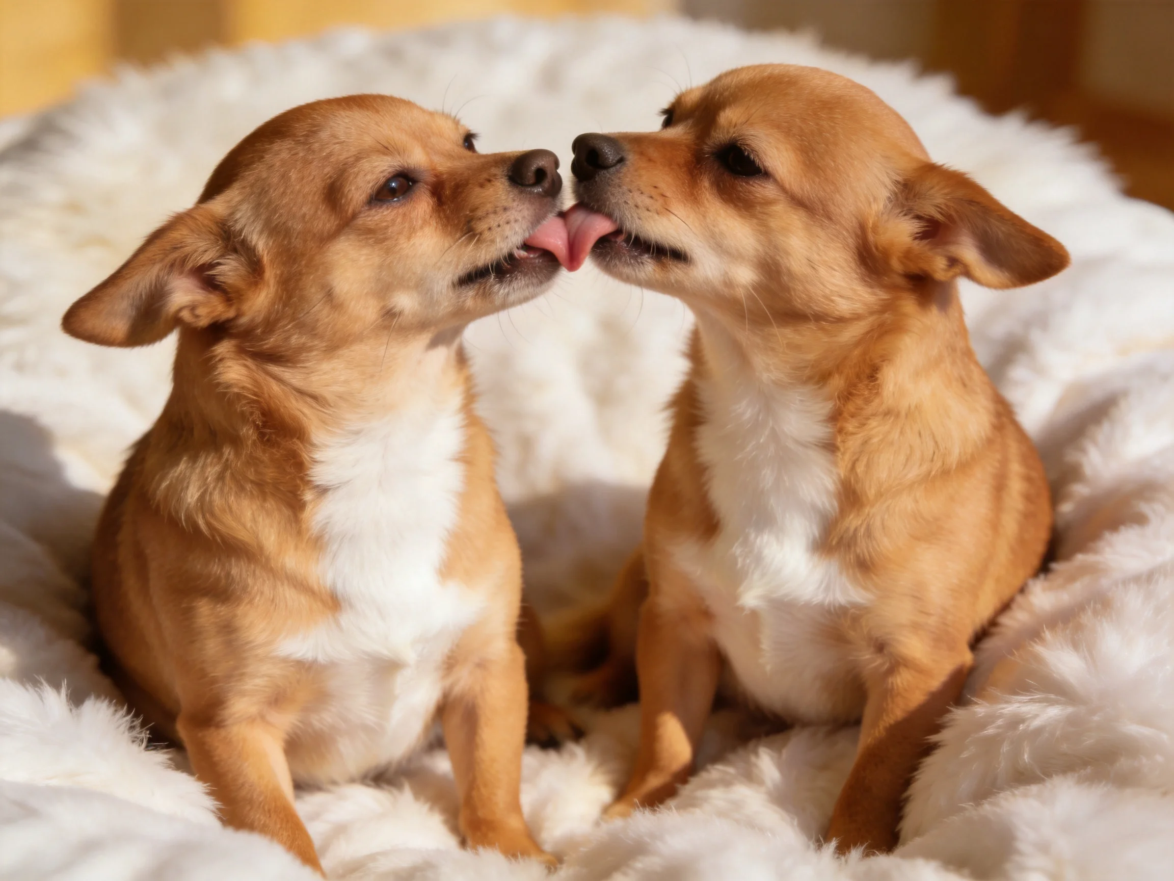 Two tan dogs nuzzle affectionately on a plush white bed