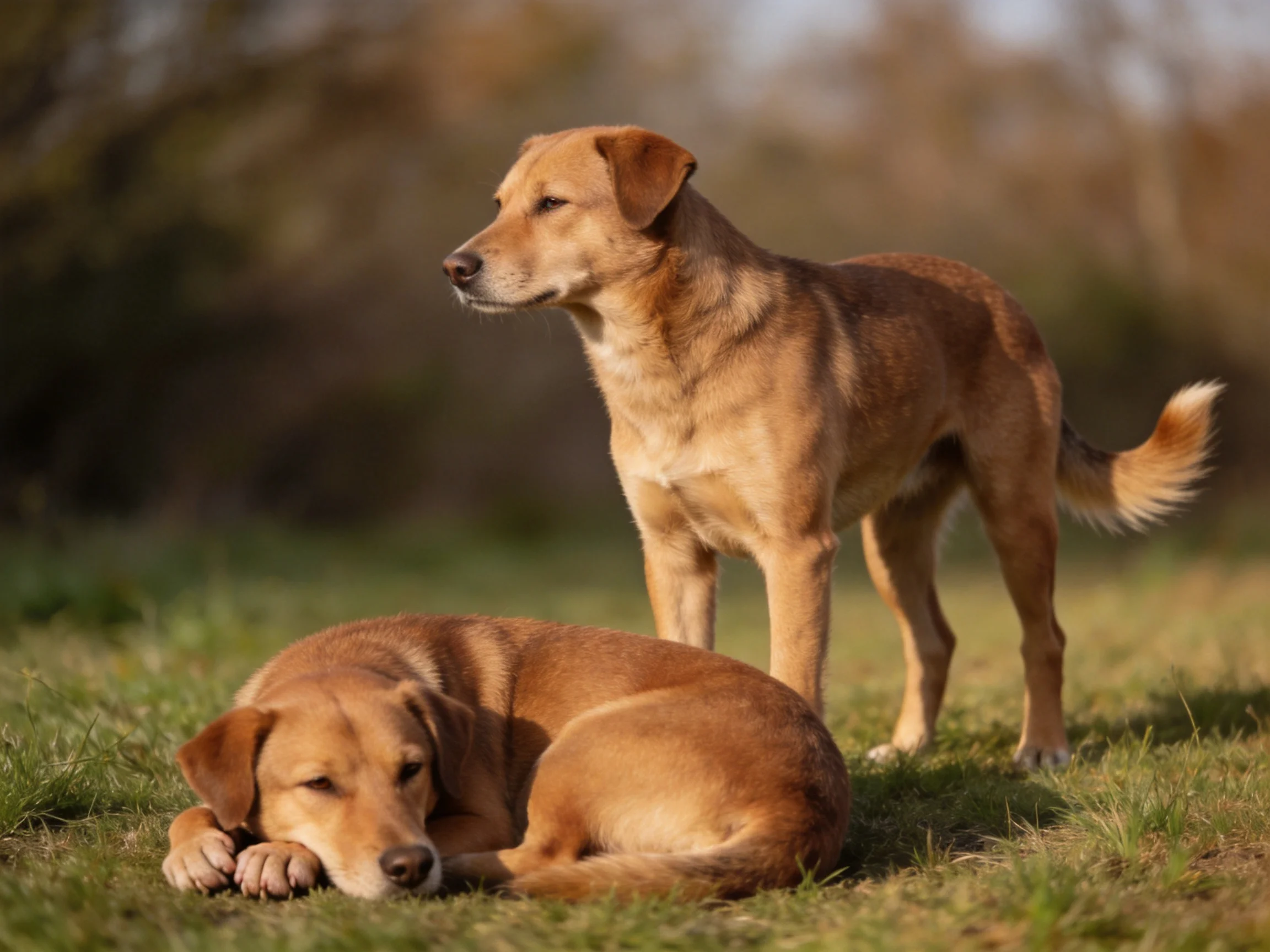 Two tan dogs interact—one stands, one rests—on grass in an outdoor setting.
