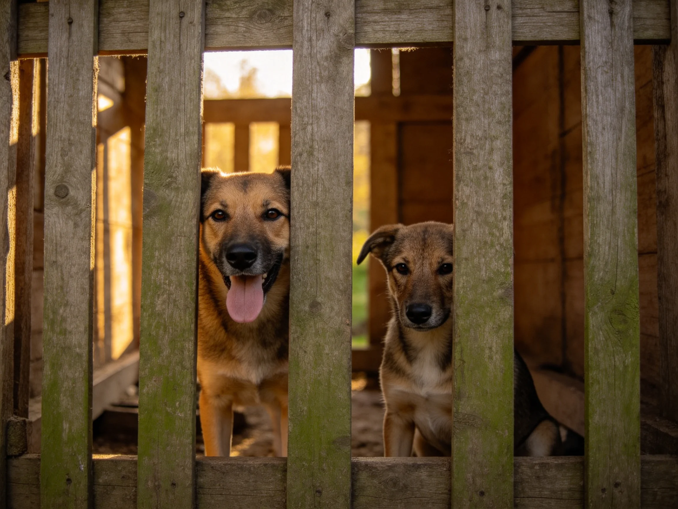 Two tan dogs peek through an aged wooden fence with green streaks