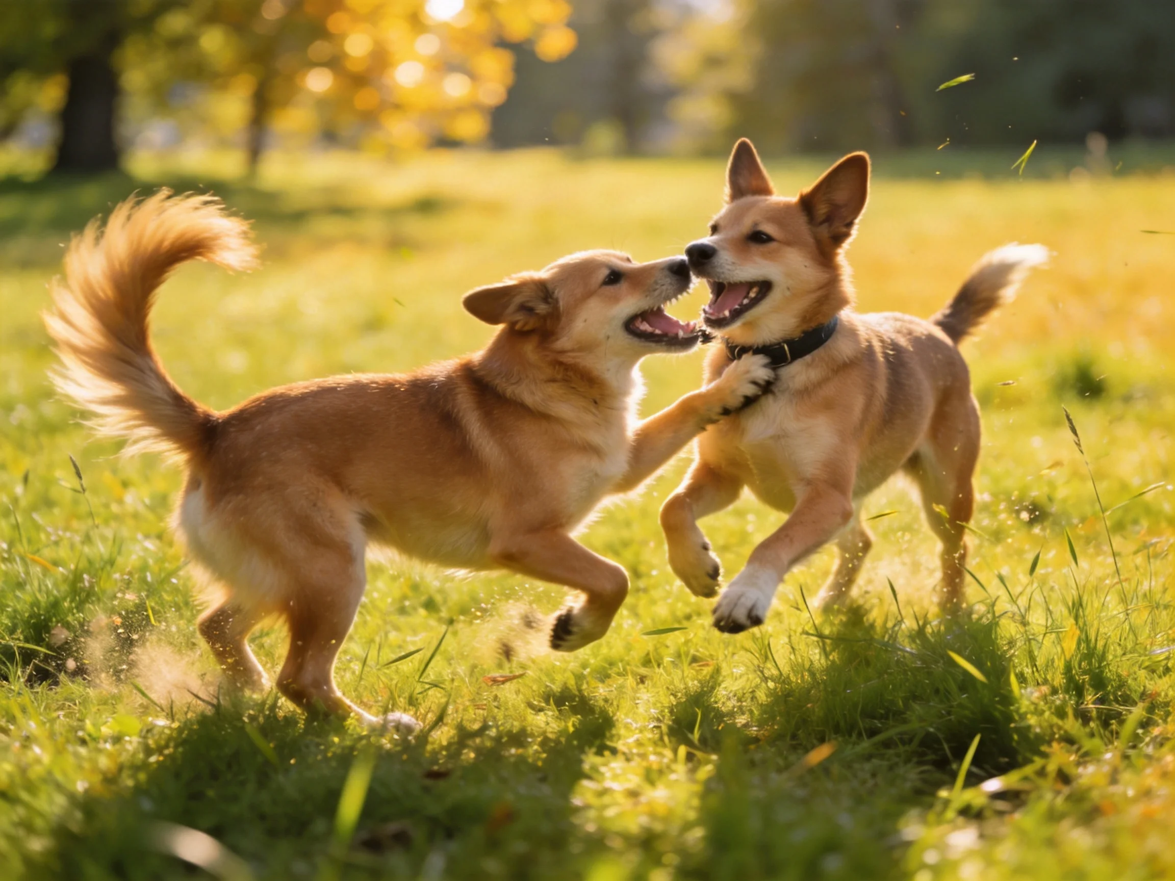 Two tan dogs play energetically in a sun-drenched grassy field