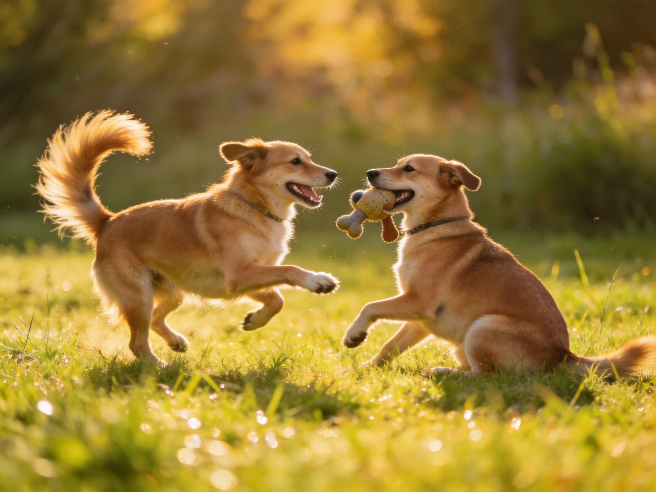 Two tan dogs play with a stuffed toy in a sunlit meadow
