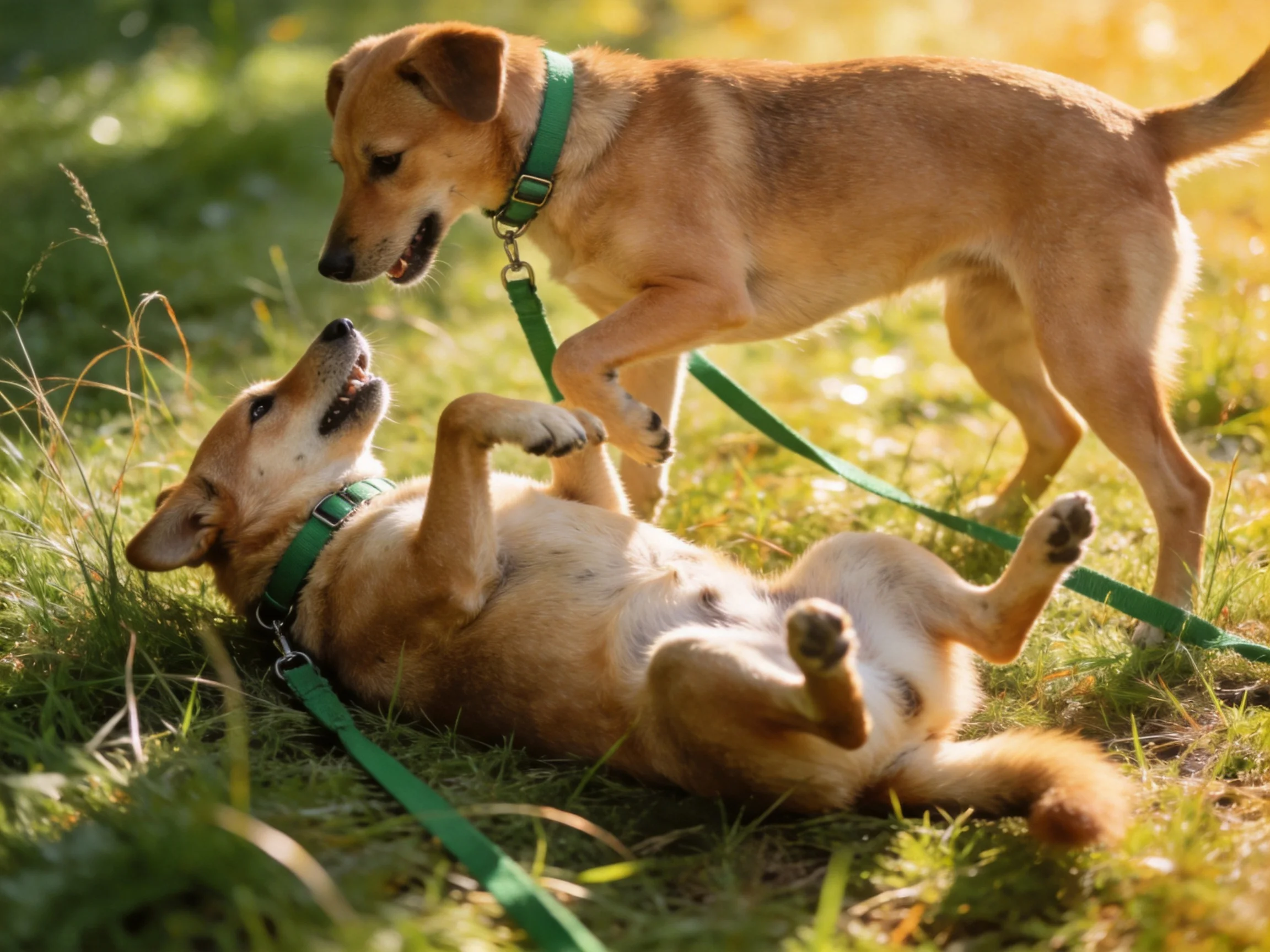 Two tan dogs play with green leashes on sunlit grass