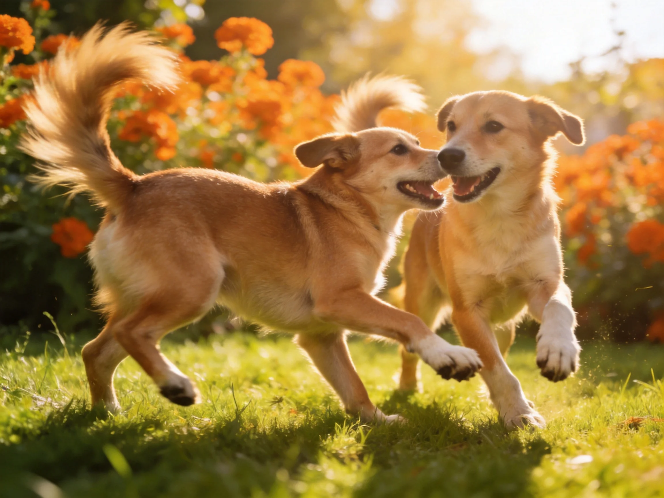 Two tan dogs playfully interacting in a sunlit flower garden