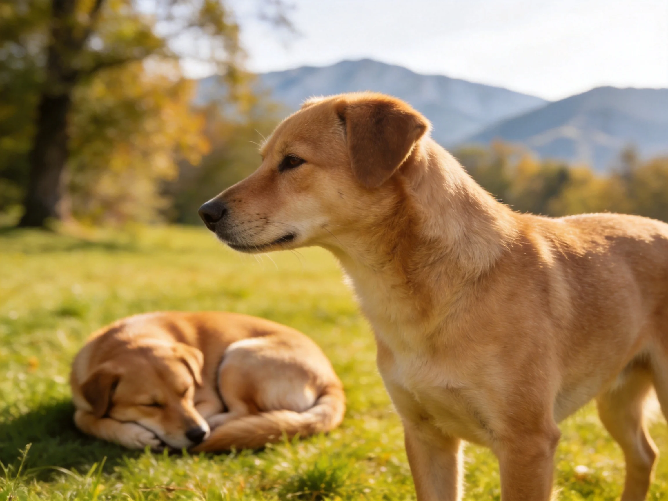 Two tan dogs relax in a sunlit grassy meadow with distant mountains