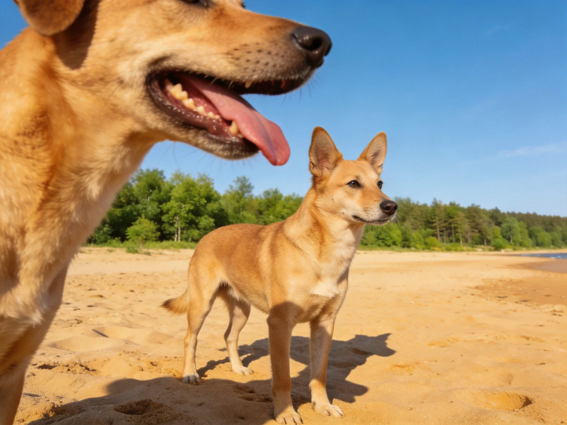 Two tan dogs relax on a sunny sandy beach near green trees