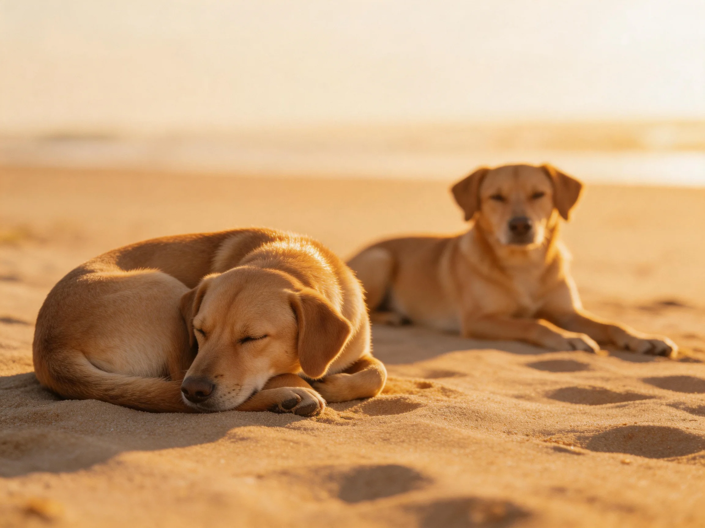 Two tan dogs relax on a sandy beach during golden hour.