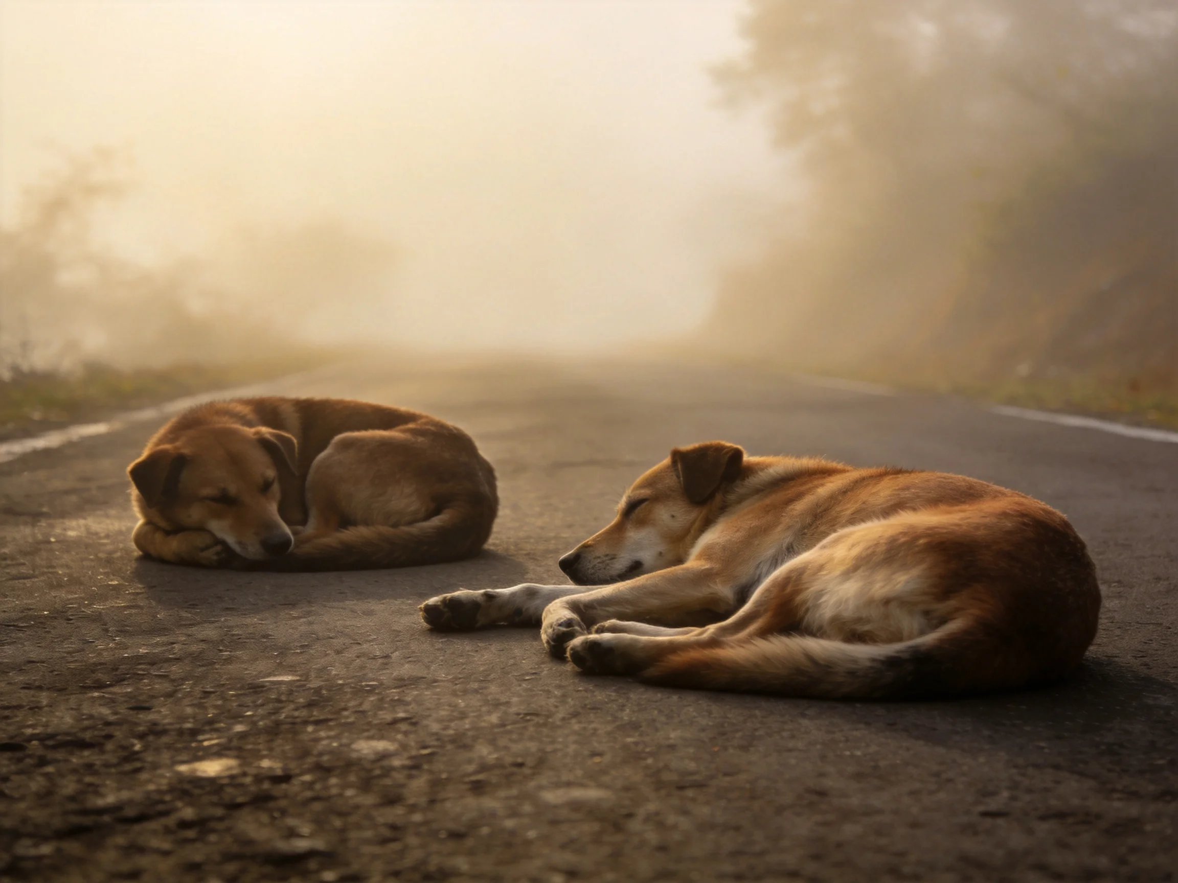 Two tan dogs resting on a foggy rural road
