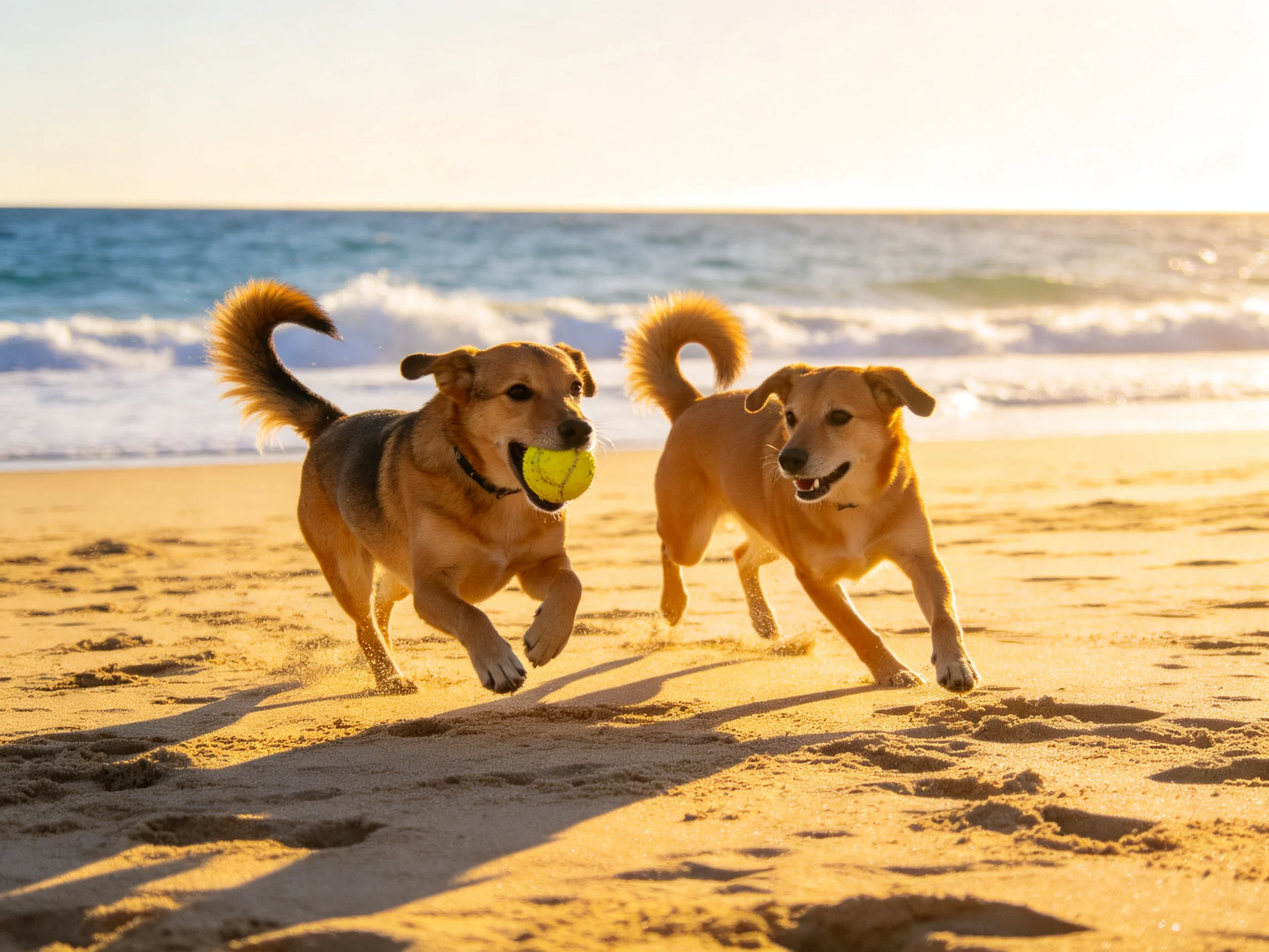 Two tan dogs run along a sandy beach with a yellow ball
