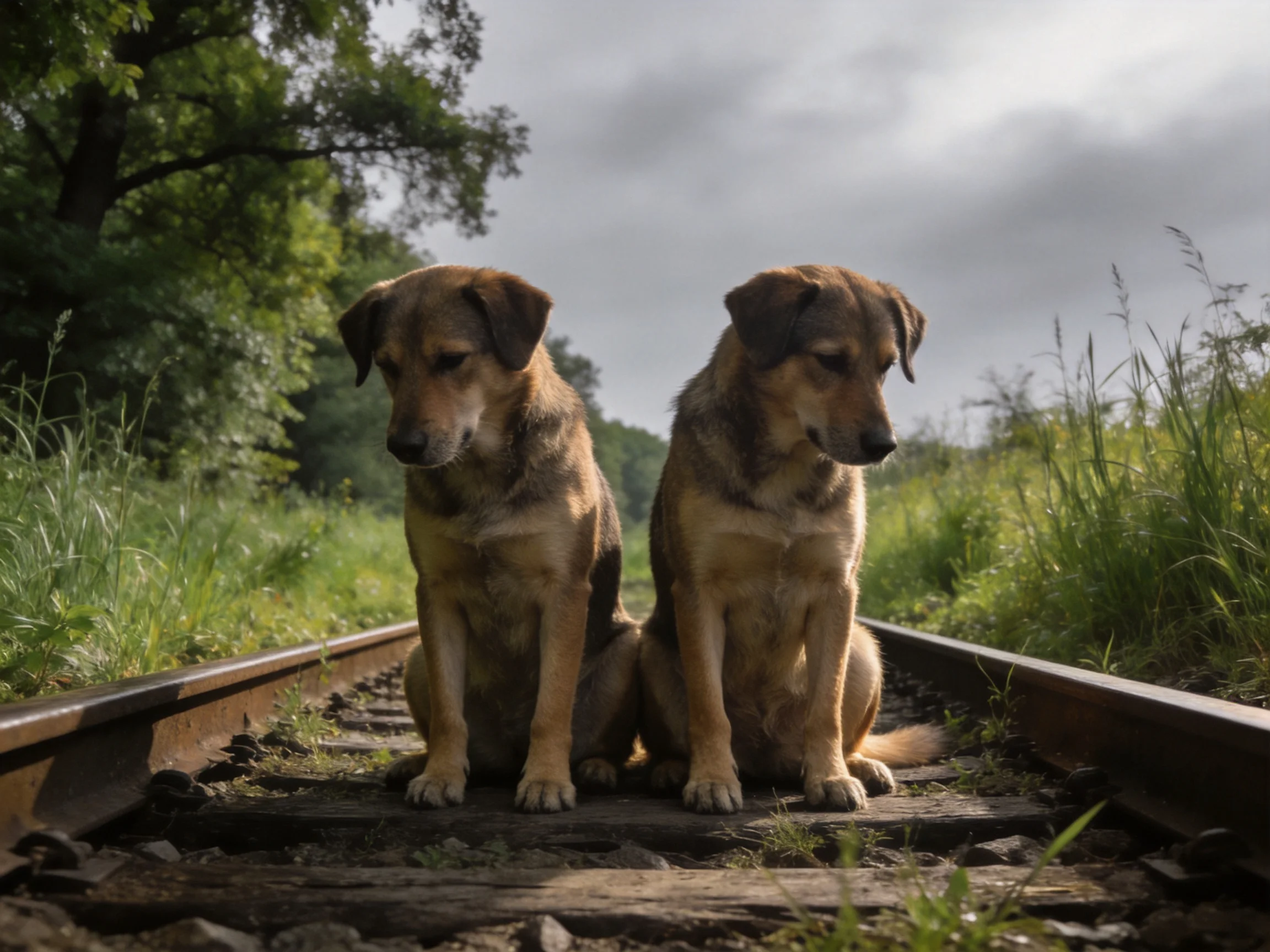 Two tan dogs sit on old railroad tracks surrounded by greenery
