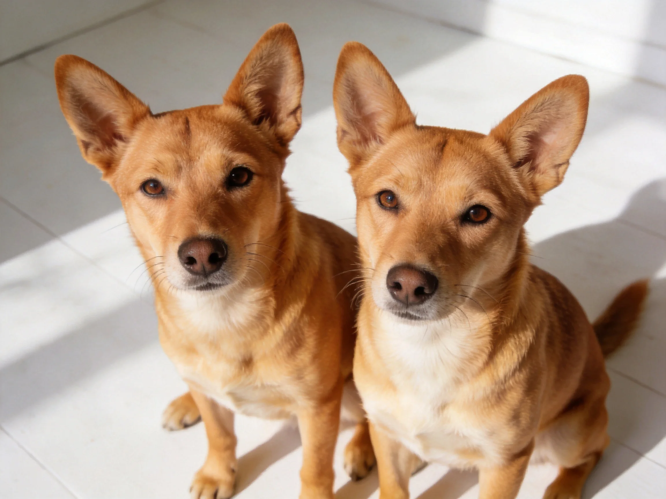 Two tan dogs sit side by side on a white tiled floor