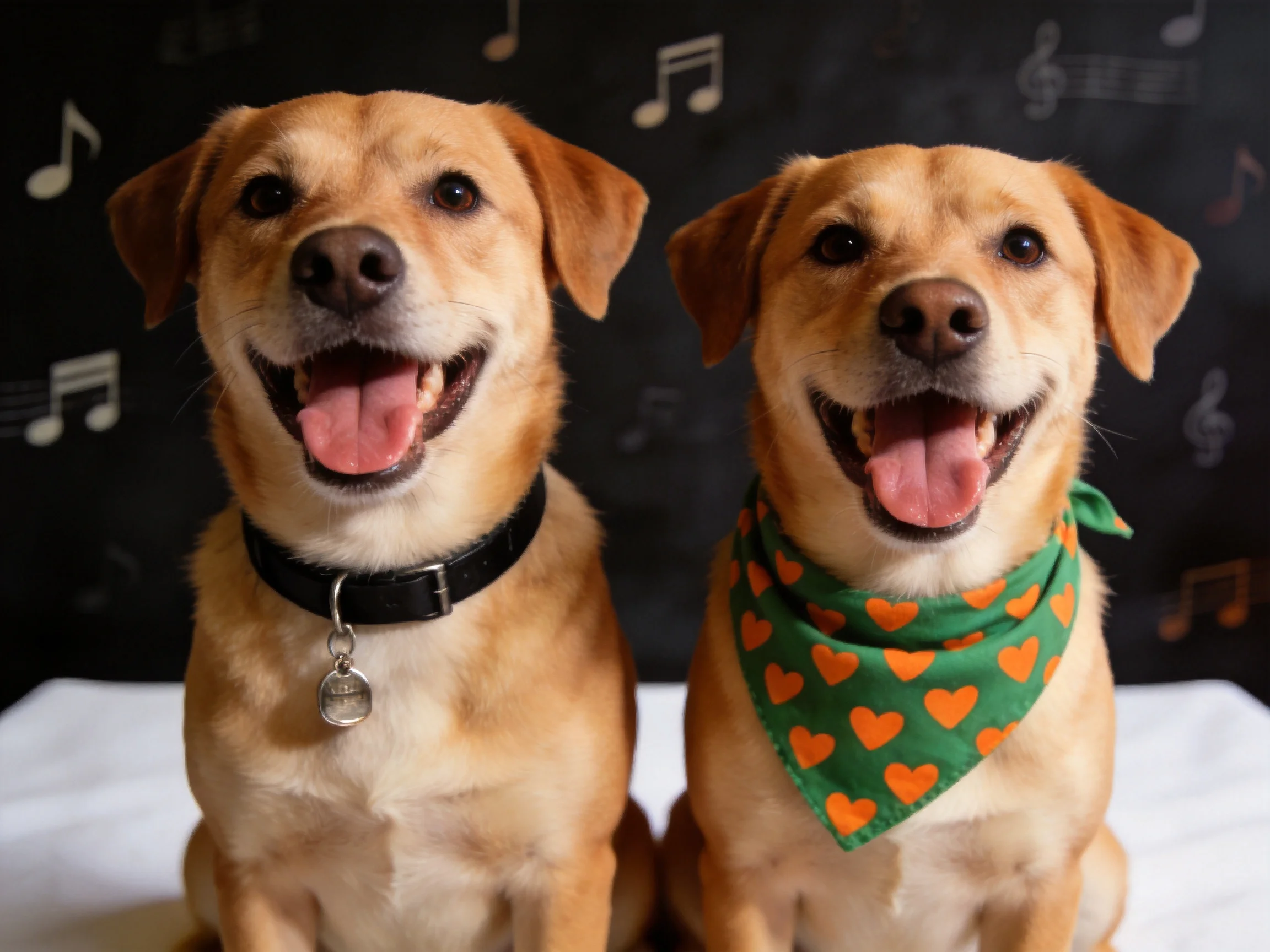 Two tan dogs sit together, one with a black collar, the other with a green heart bandana.
