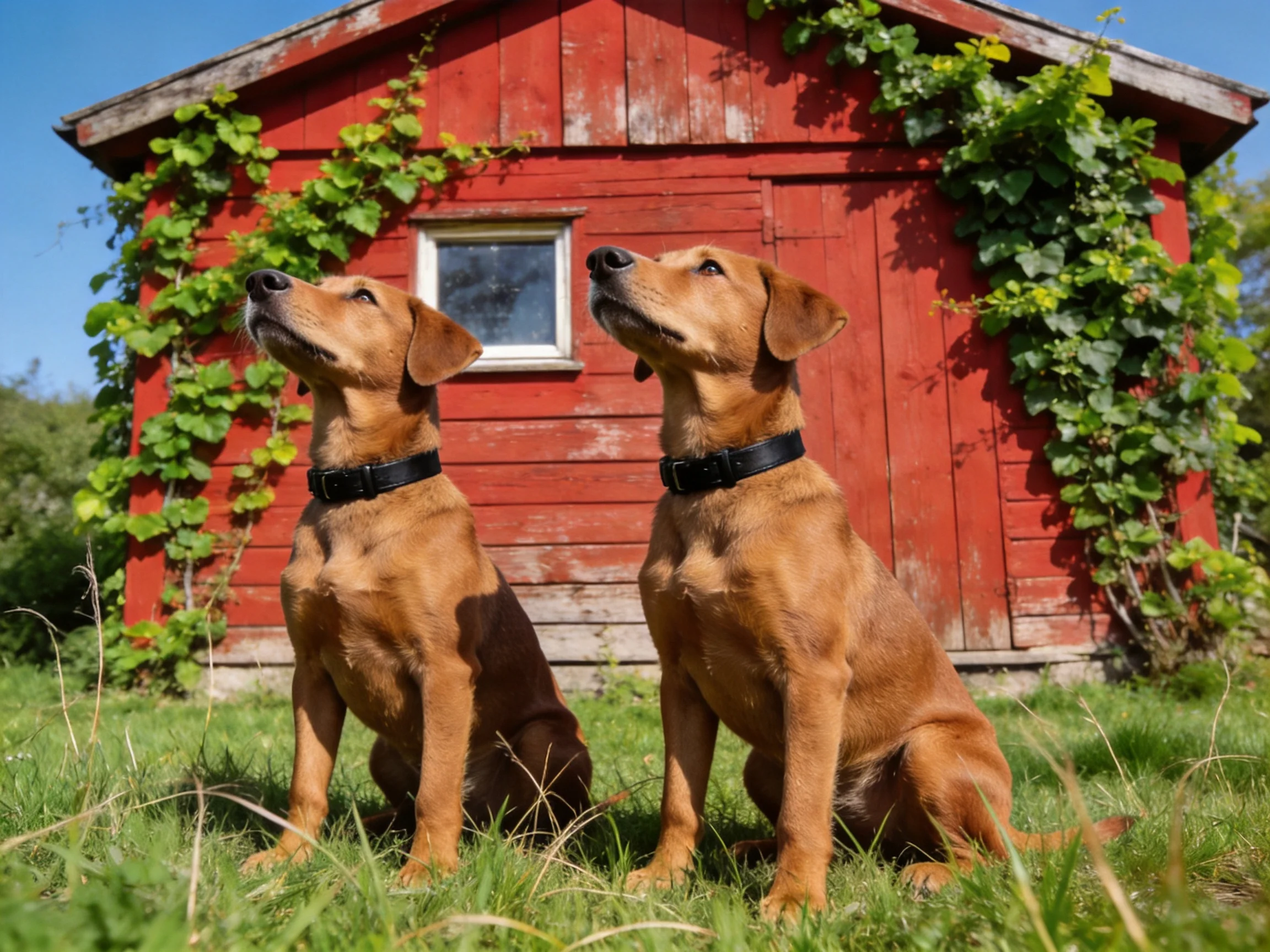 Two tan dogs sitbefore a weathered red barn with climbing vines