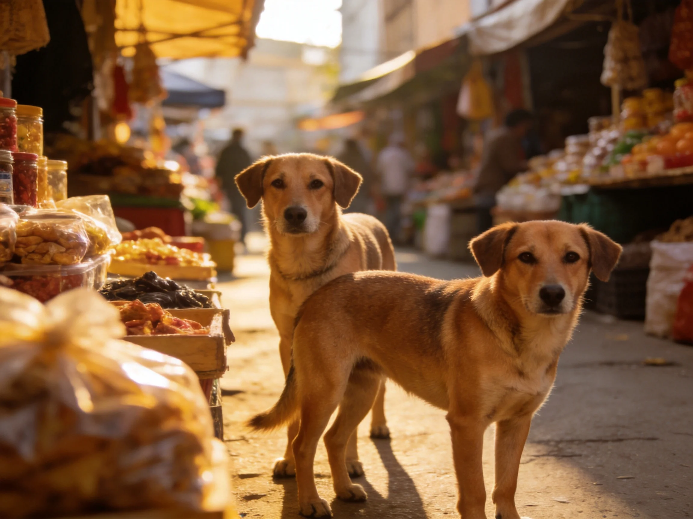 Two tan dogs stand amid vibrant market stalls on a sunlit street.