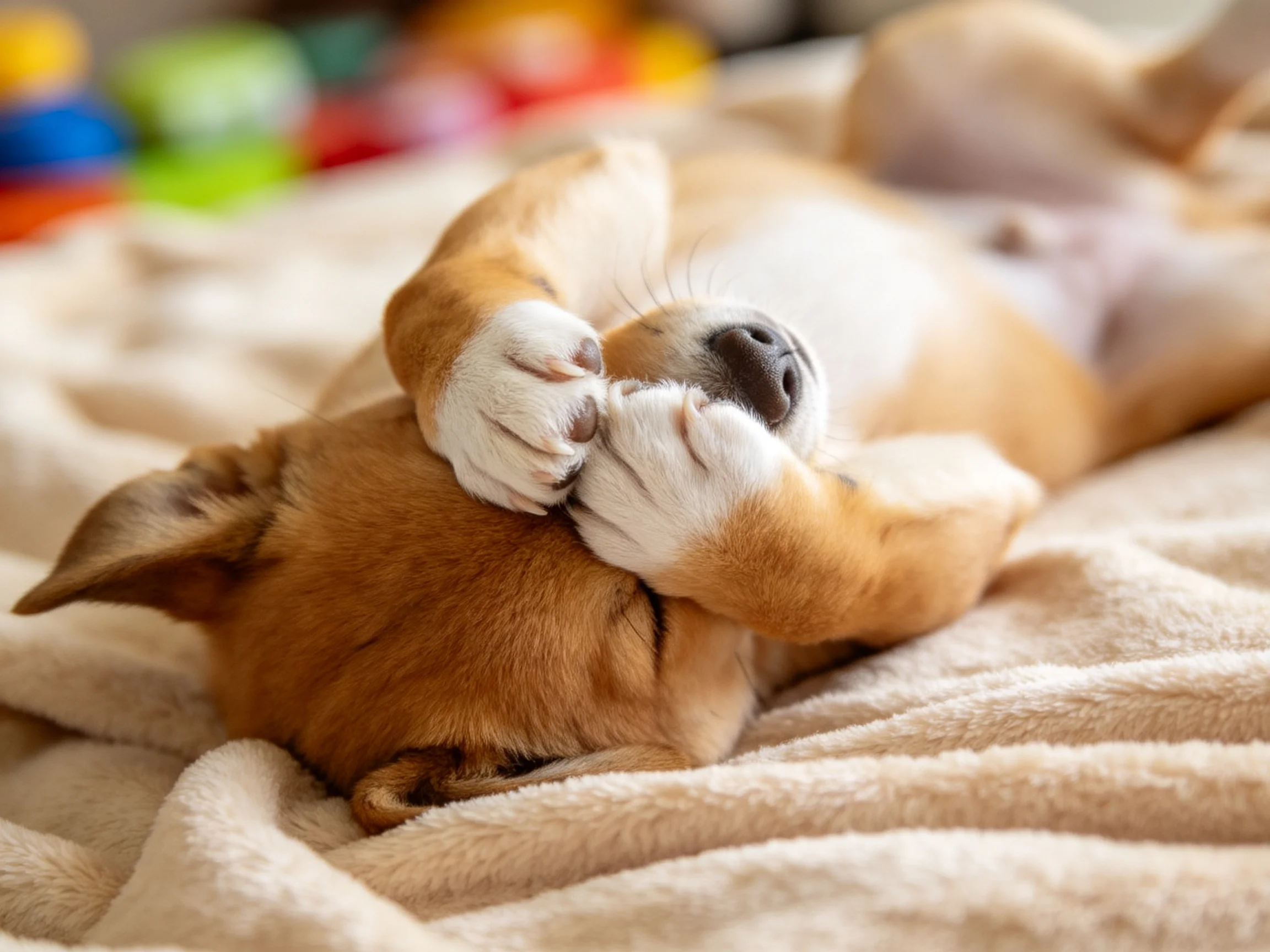 Two tan puppies cuddle on a soft beige blanket with colorful toys in the background