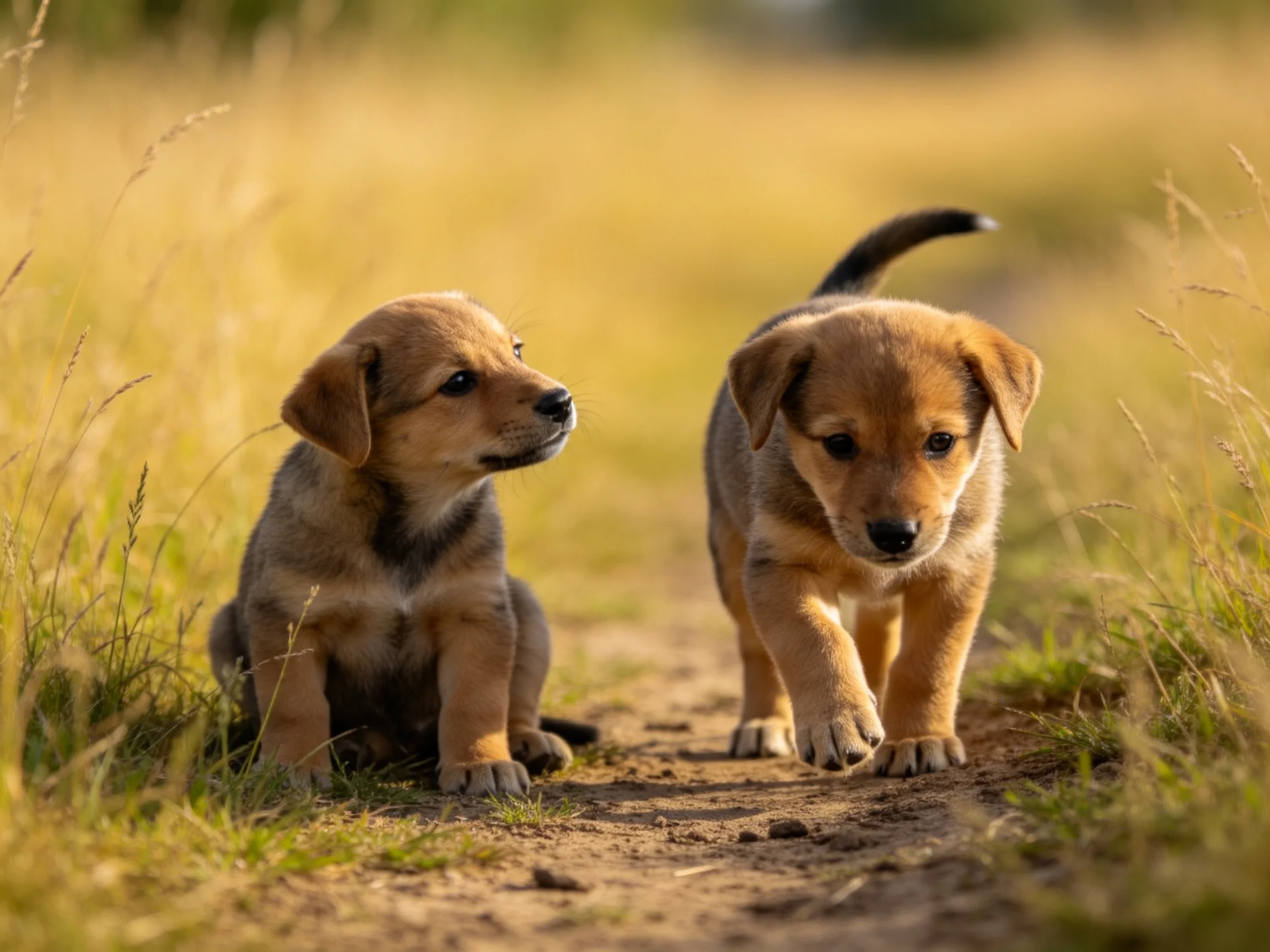 Two tan puppies explore a sunlit dirt path amid golden grasses