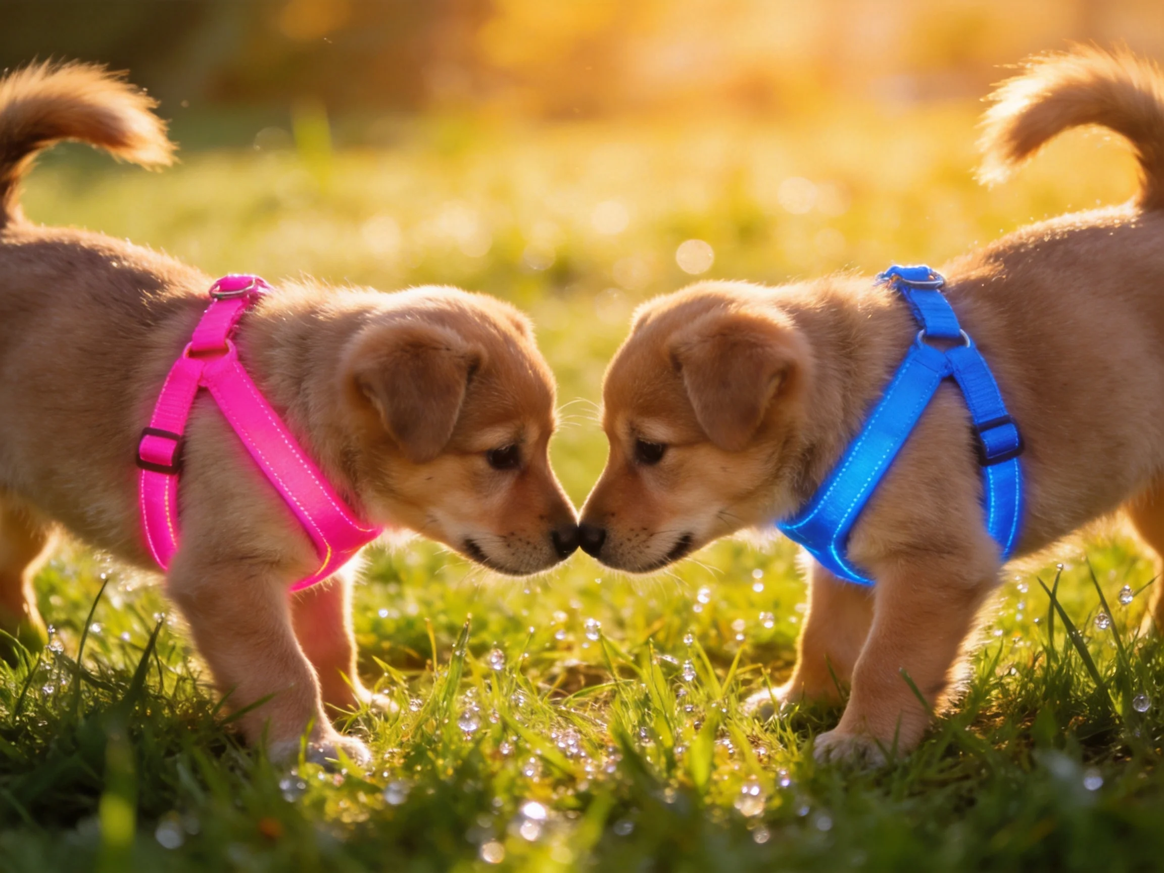 Two tan puppies in pink and blue harnesses interact on grass