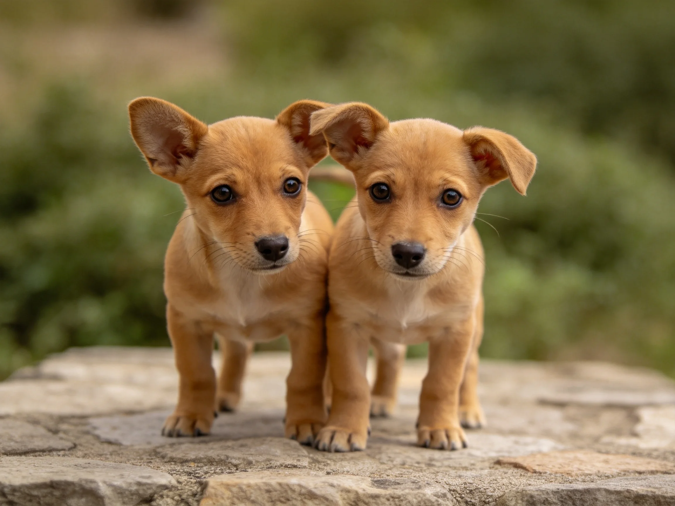 Two tan puppies stand side by side on a stone slab