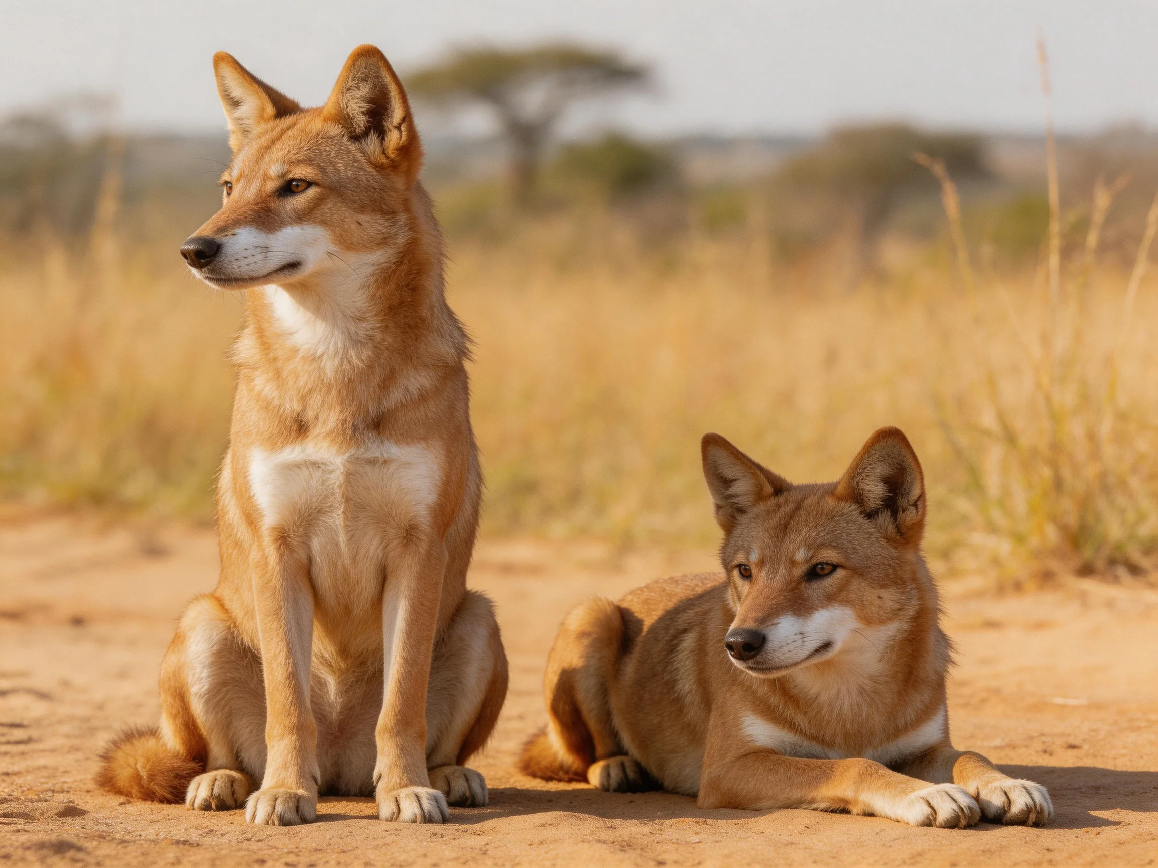 Two tan wild dogs rest on a sandy path in a savannah landscape.