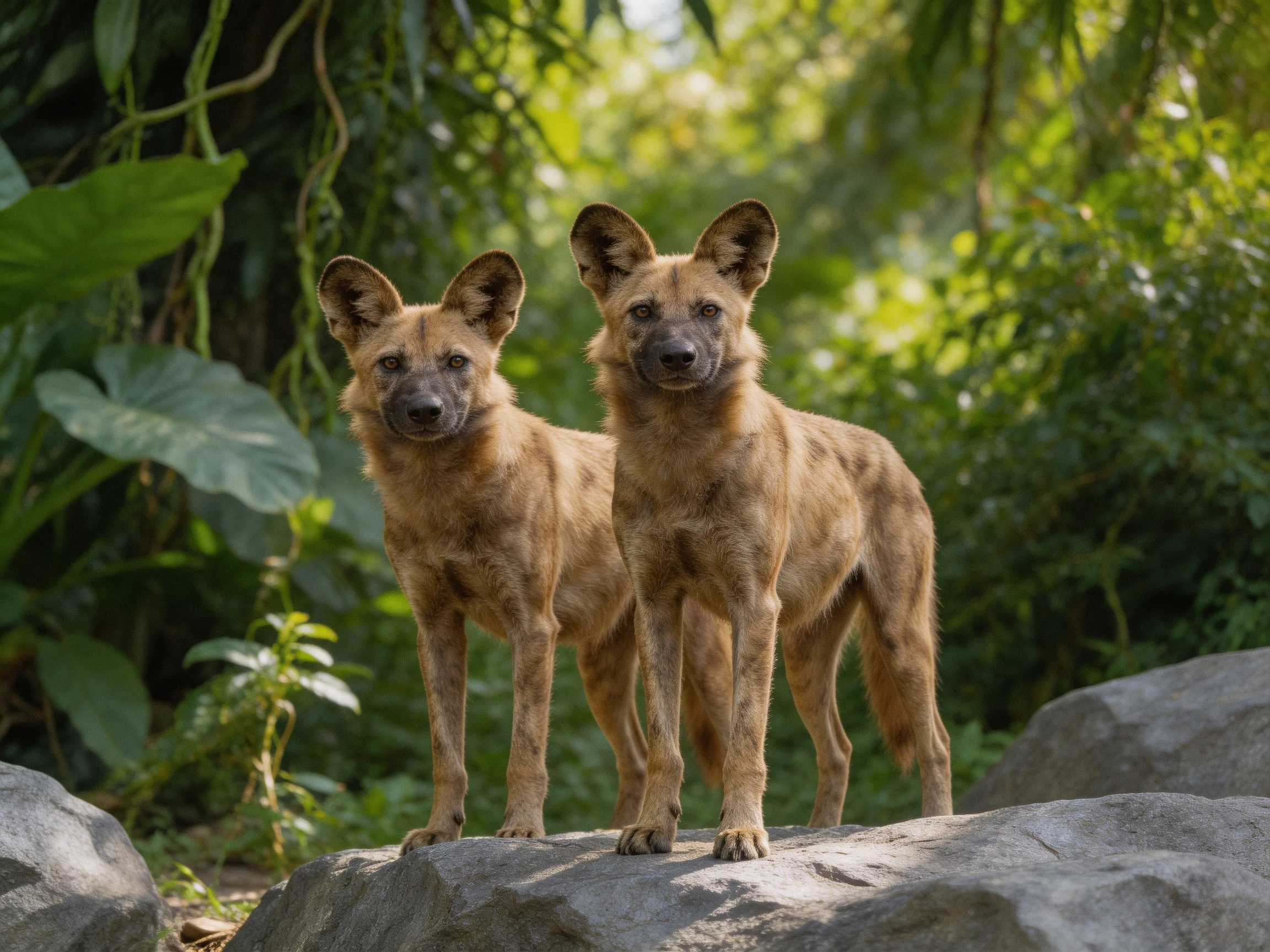 Two tan wild dogs stand on rocks surrounded by lush vegetation.