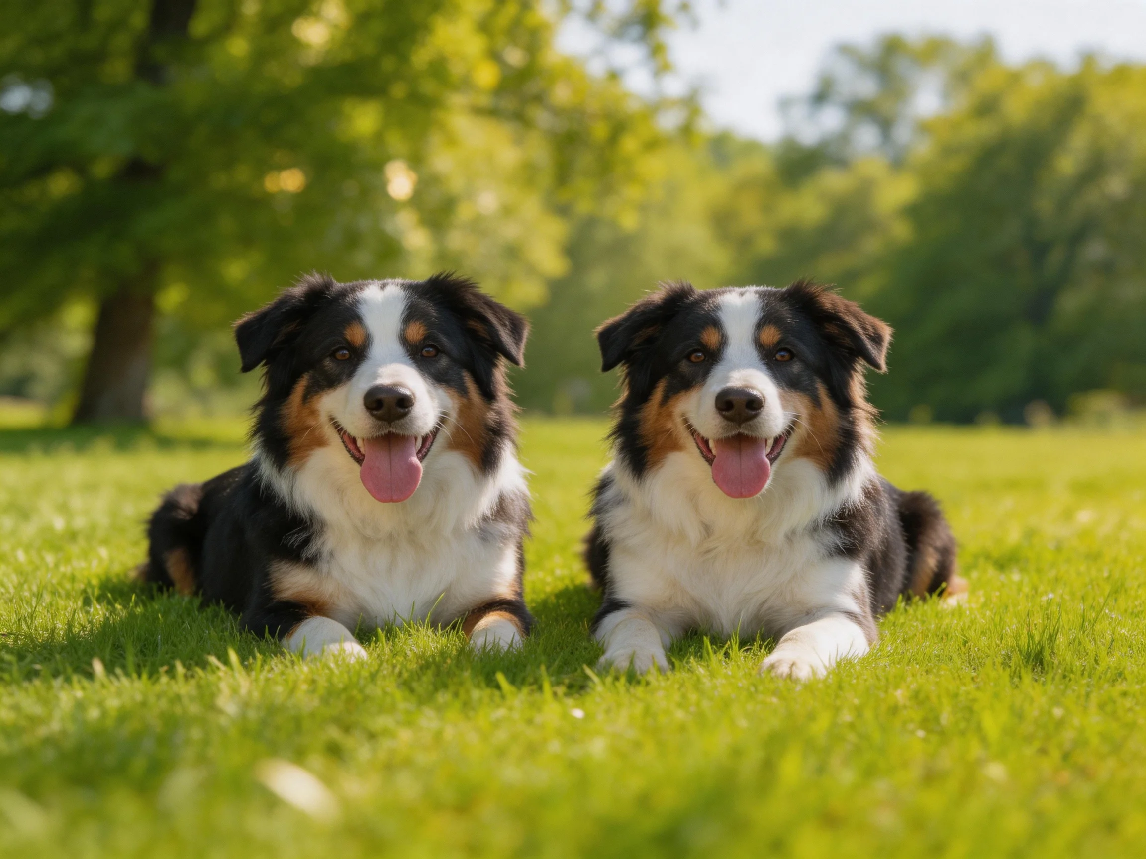 Two tricolor Australian Shepherd puppies rest on a bright green meadow