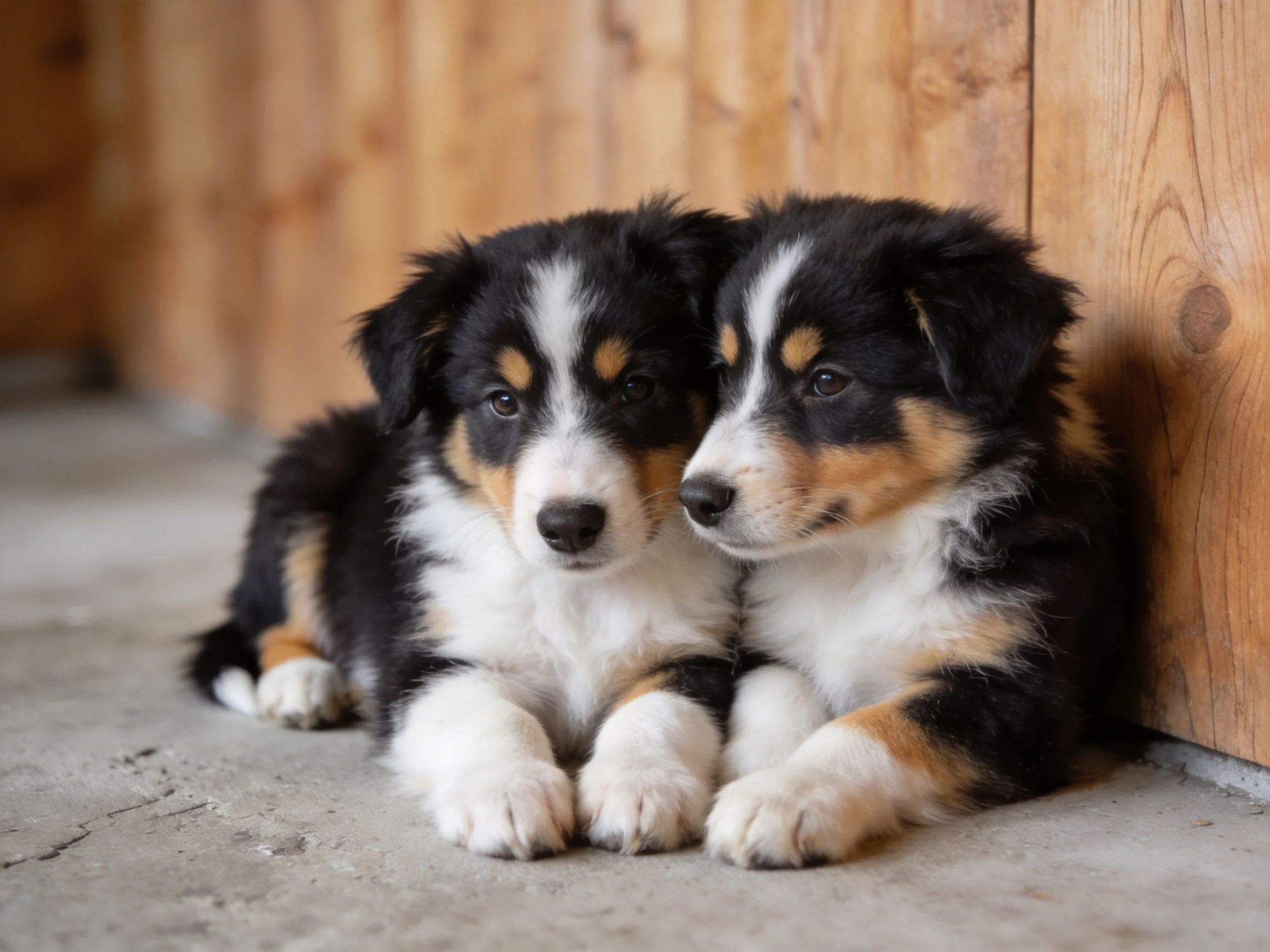 Two tricolor puppies cuddle beside a wooden panel wall