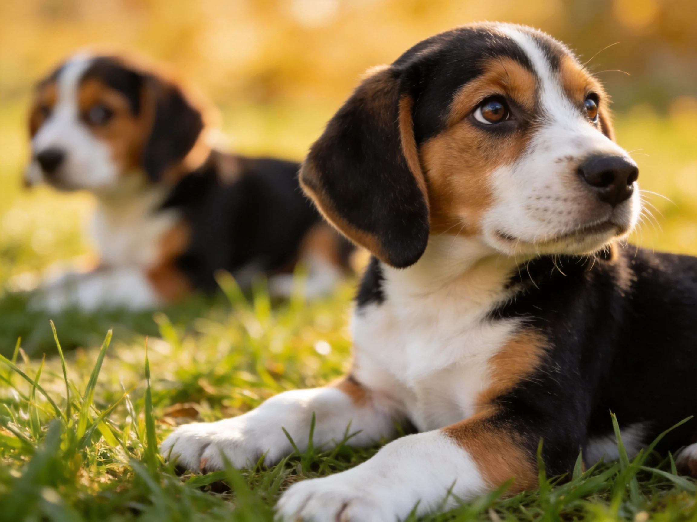Two tricolor puppies resting on sunlit green grass