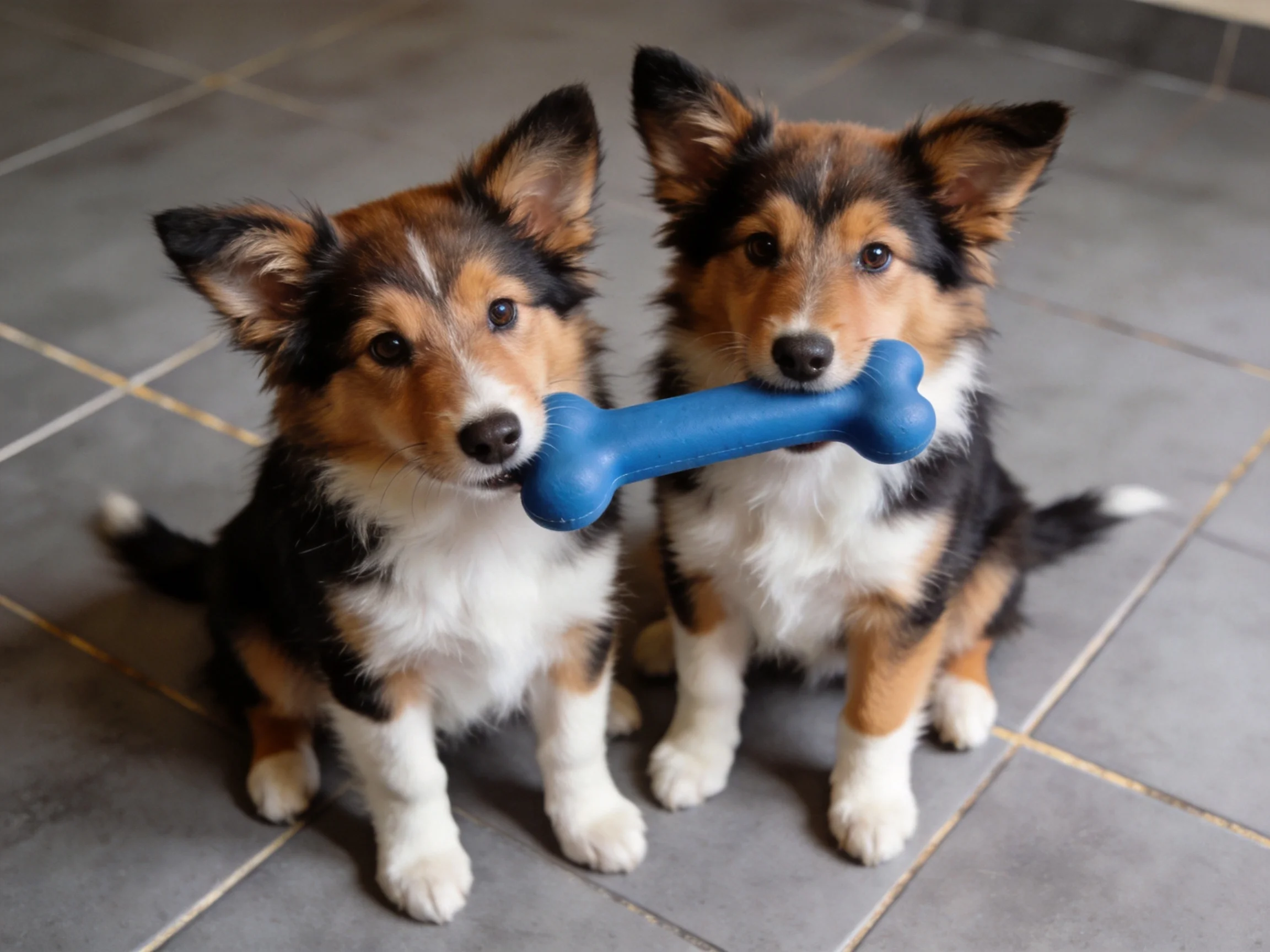 Two tricolor puppies share a blue toy bone on a tiled floor