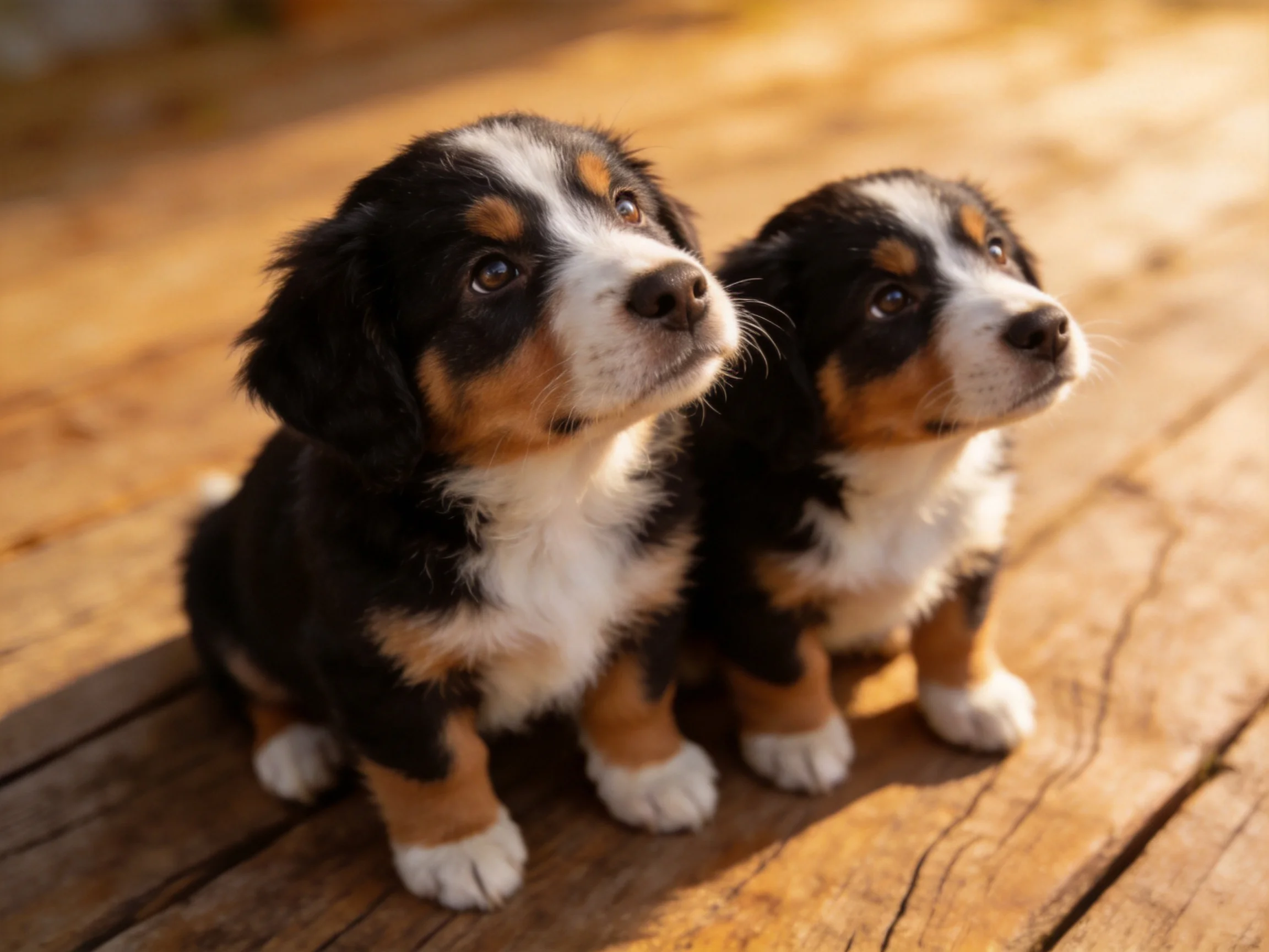 Two tricolor puppies sit closely together on a wooden deck in warm sunlight