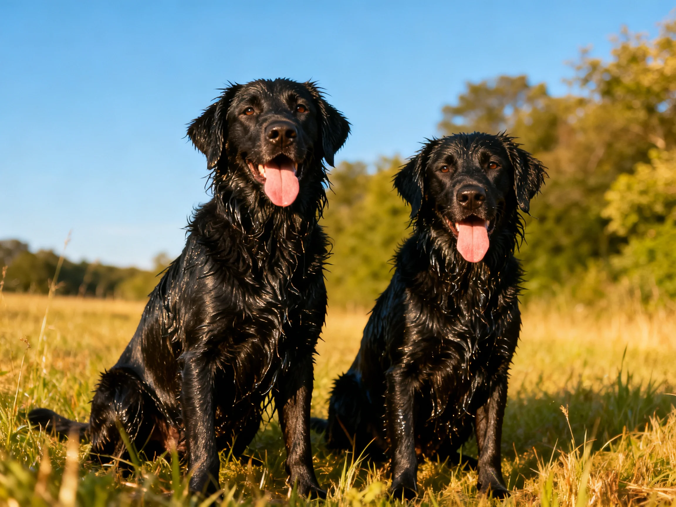Two wet black dogs sit in a sunlit grassy field