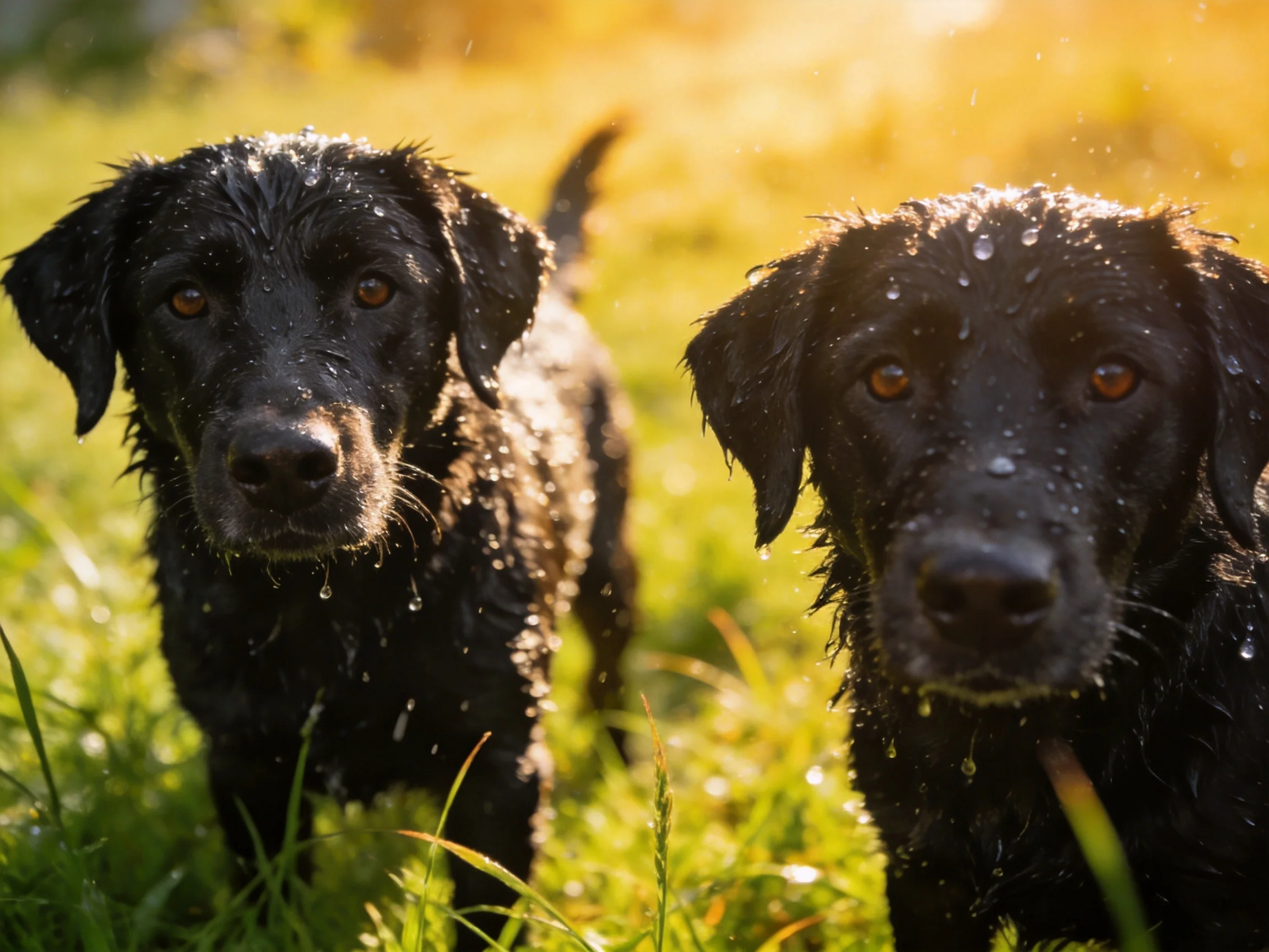 Two wet black dogs stand together in a sunlit grassy field.