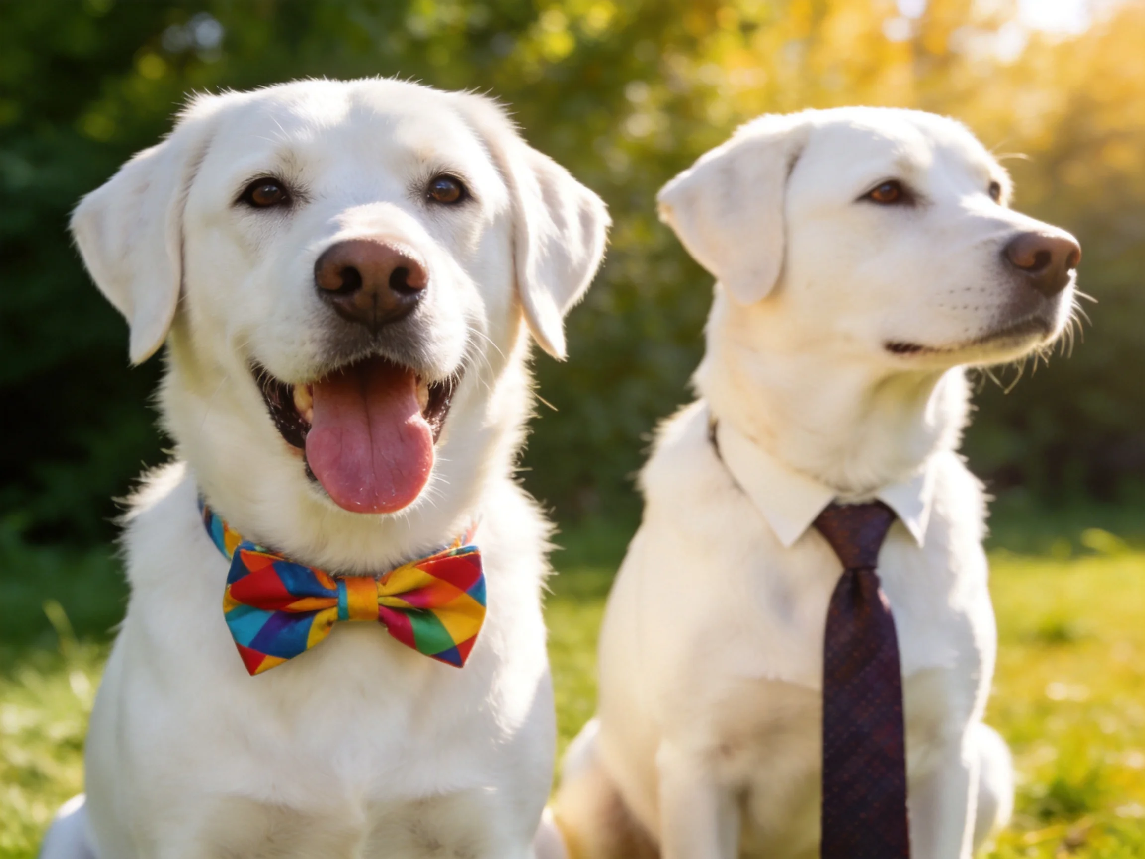 Two white Labradors wear colorful accessories in a sunny garden