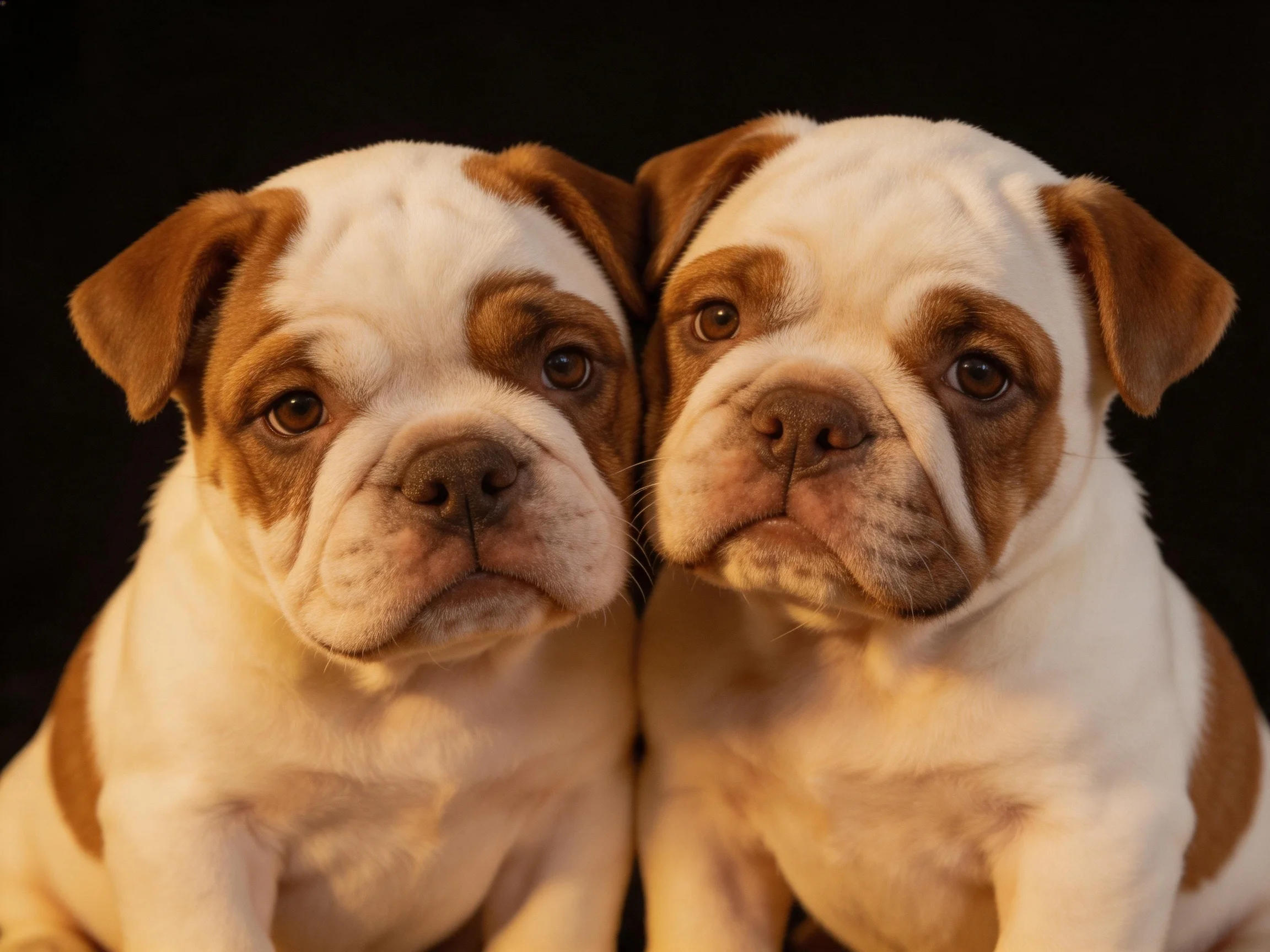 Two bulldog puppies sit closely together on a dark backdrop.