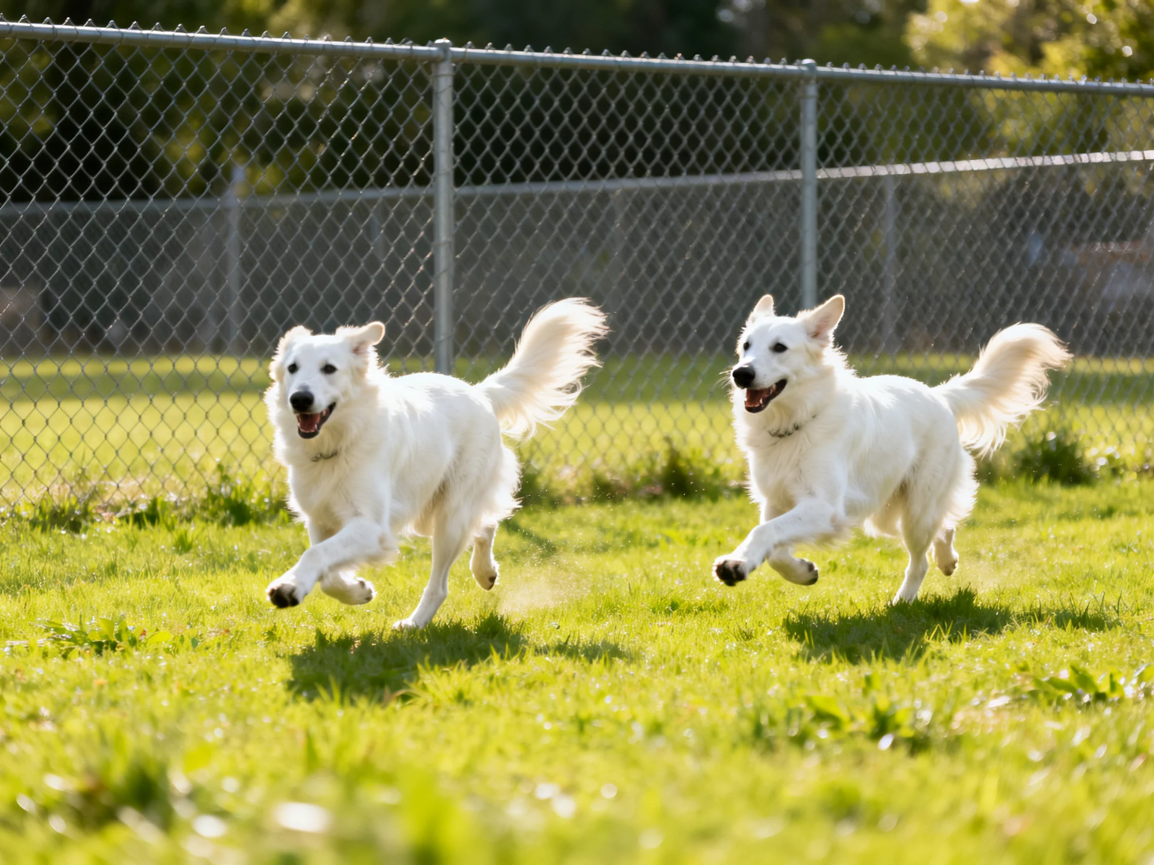 Two white dogs joyfully sprint across a sunlit grassy field near a chain-link fence.