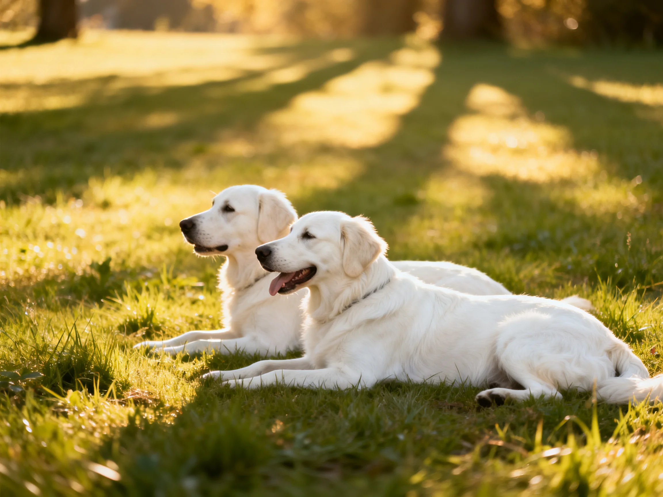 Two white dogs relax on grass in a sunlit park.