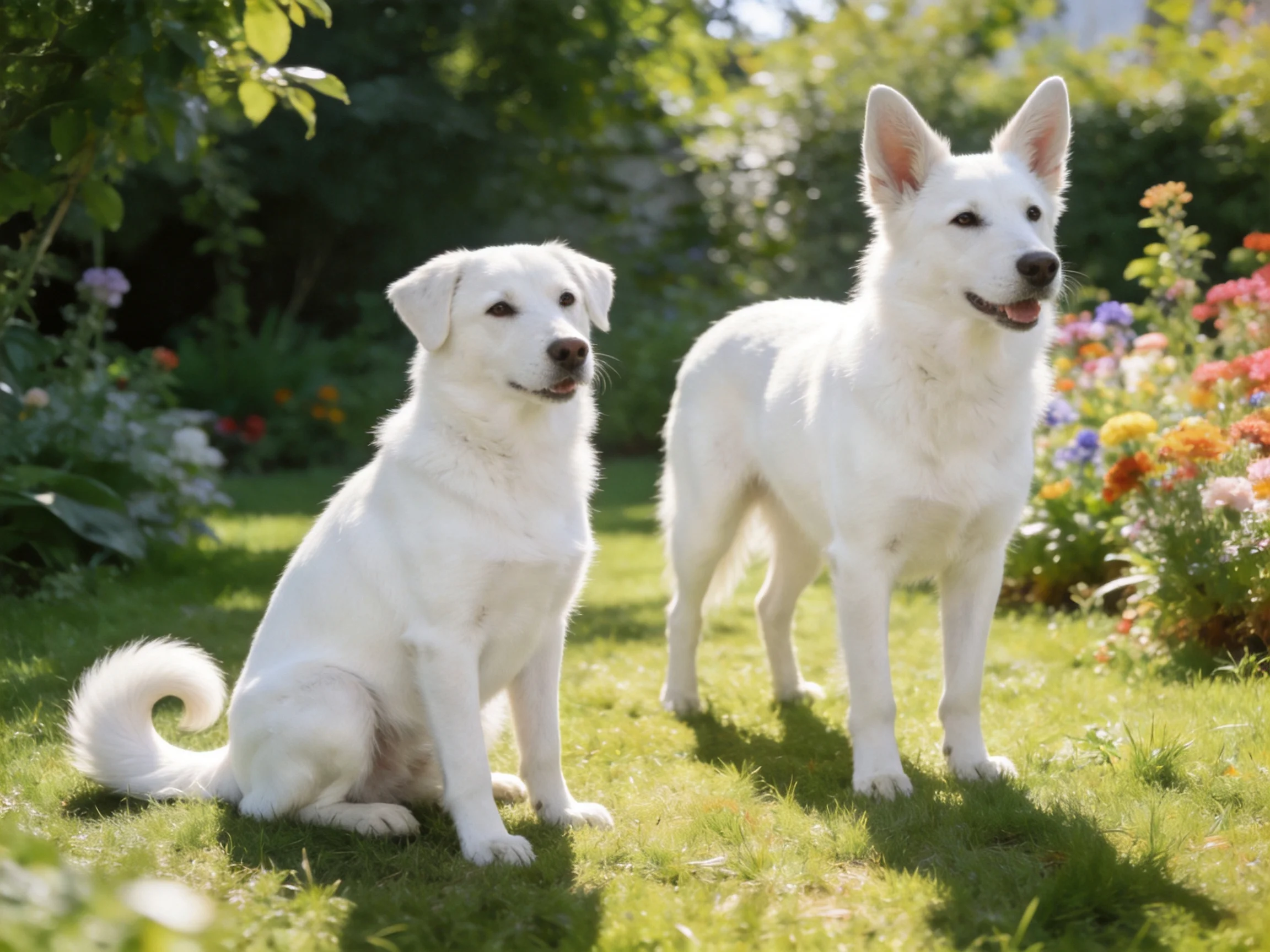 Two white dogs are in a sunlit garden with colorful flowers.