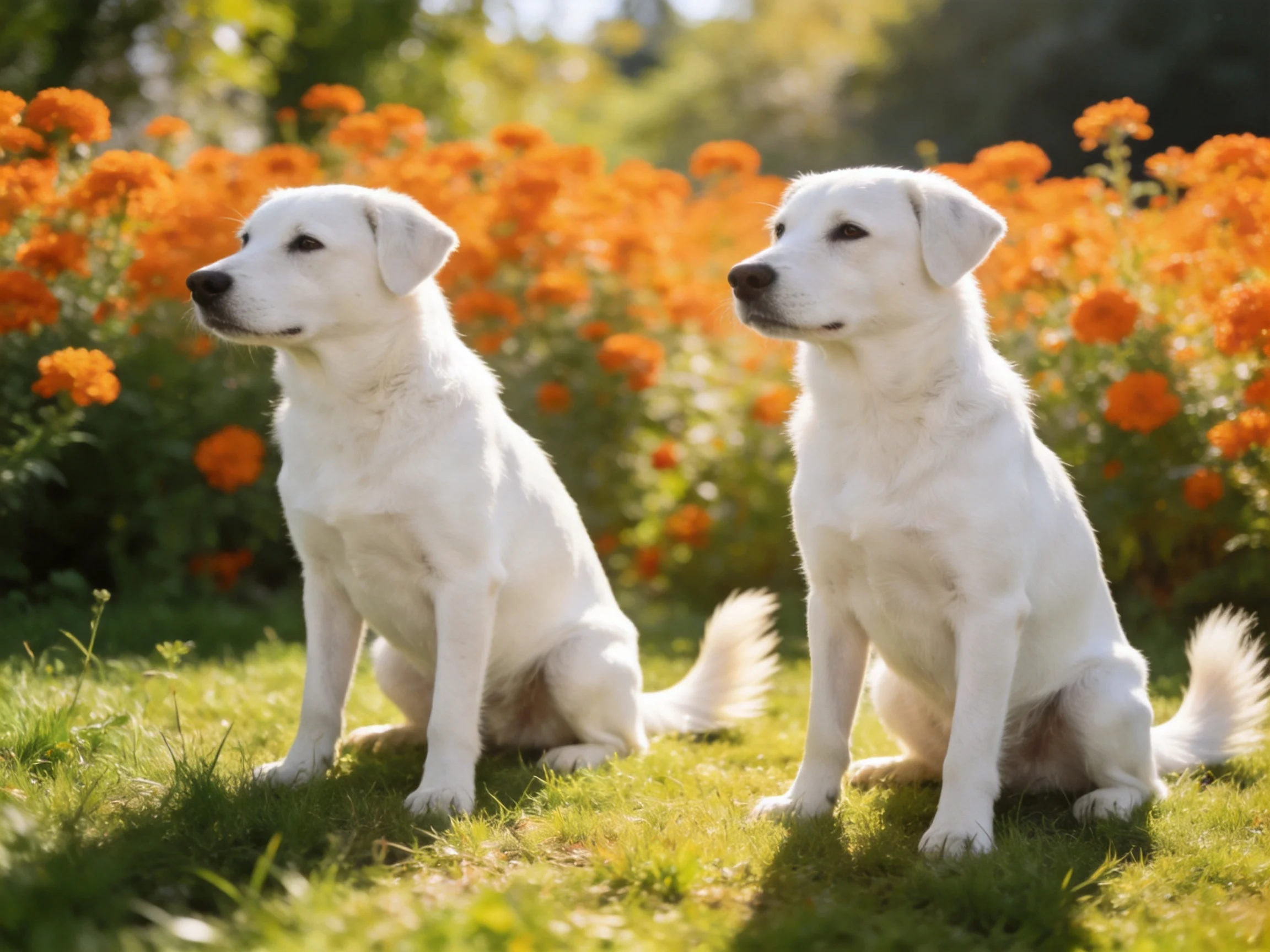 Two white dogs sit near vibrant orange flowers in a sunny garden