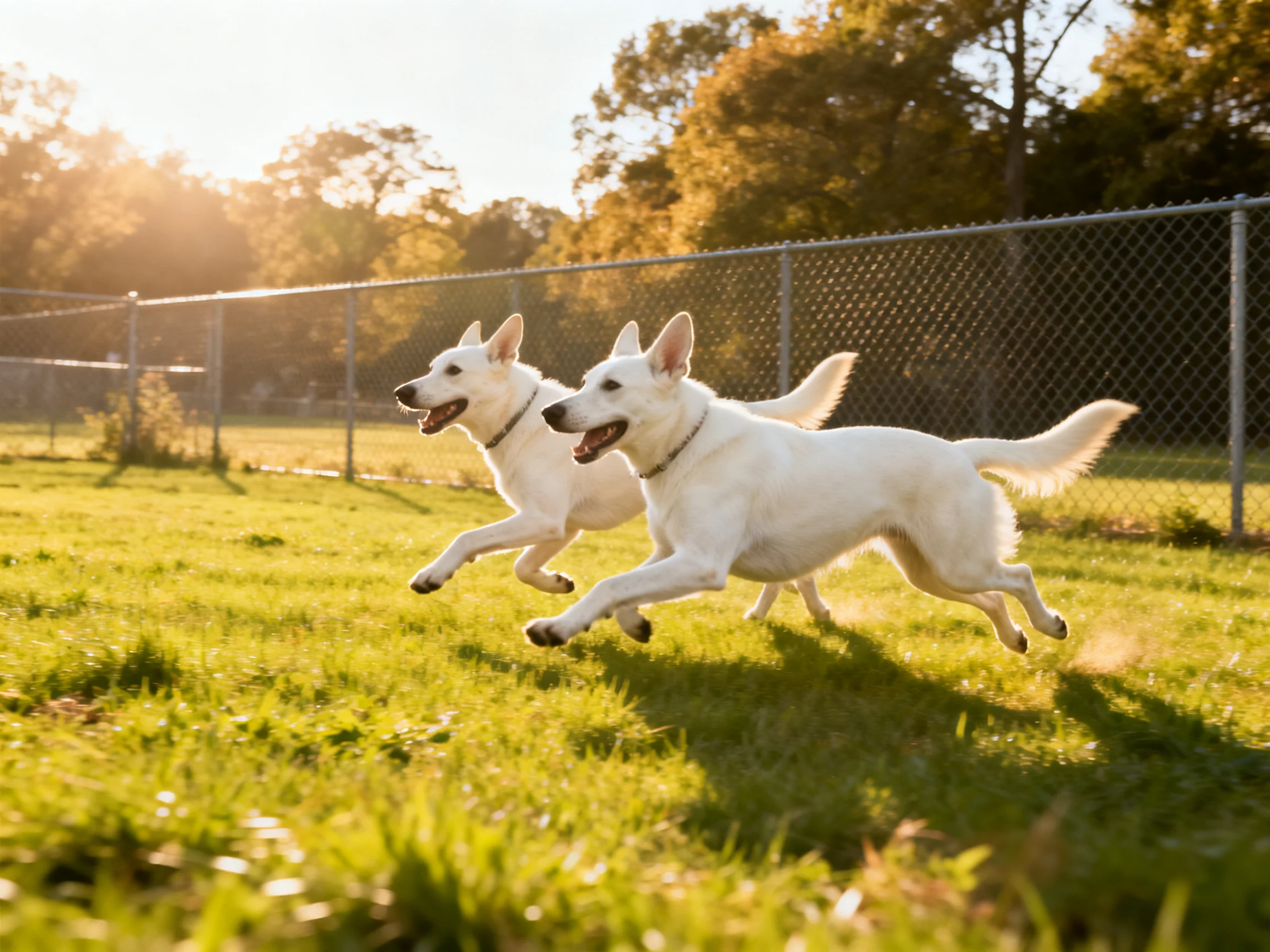 Two white dogs sprinting across a sunlit grassy field near a fence