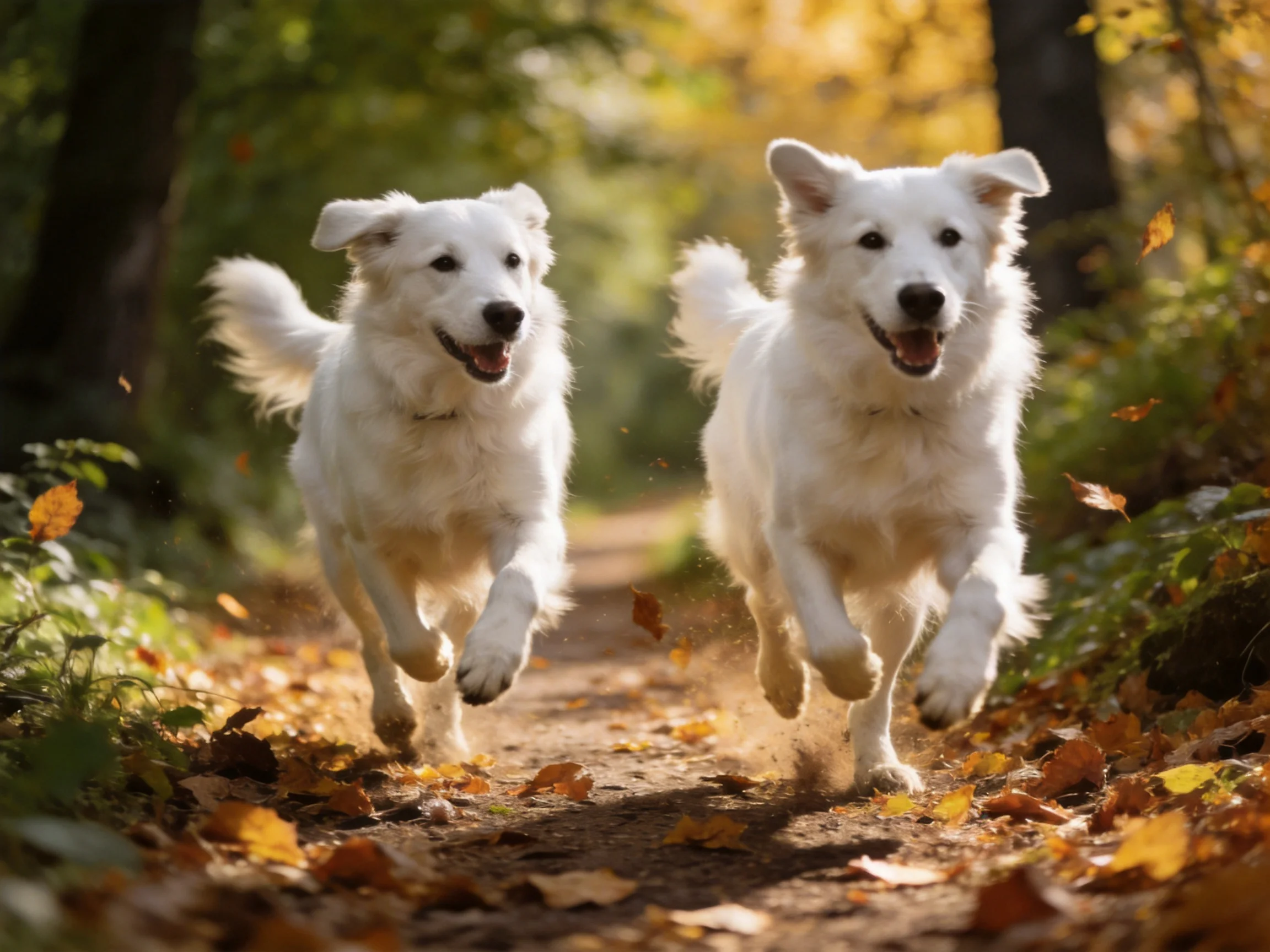 Two white dogs sprinting along an autumn leaf-strewn path