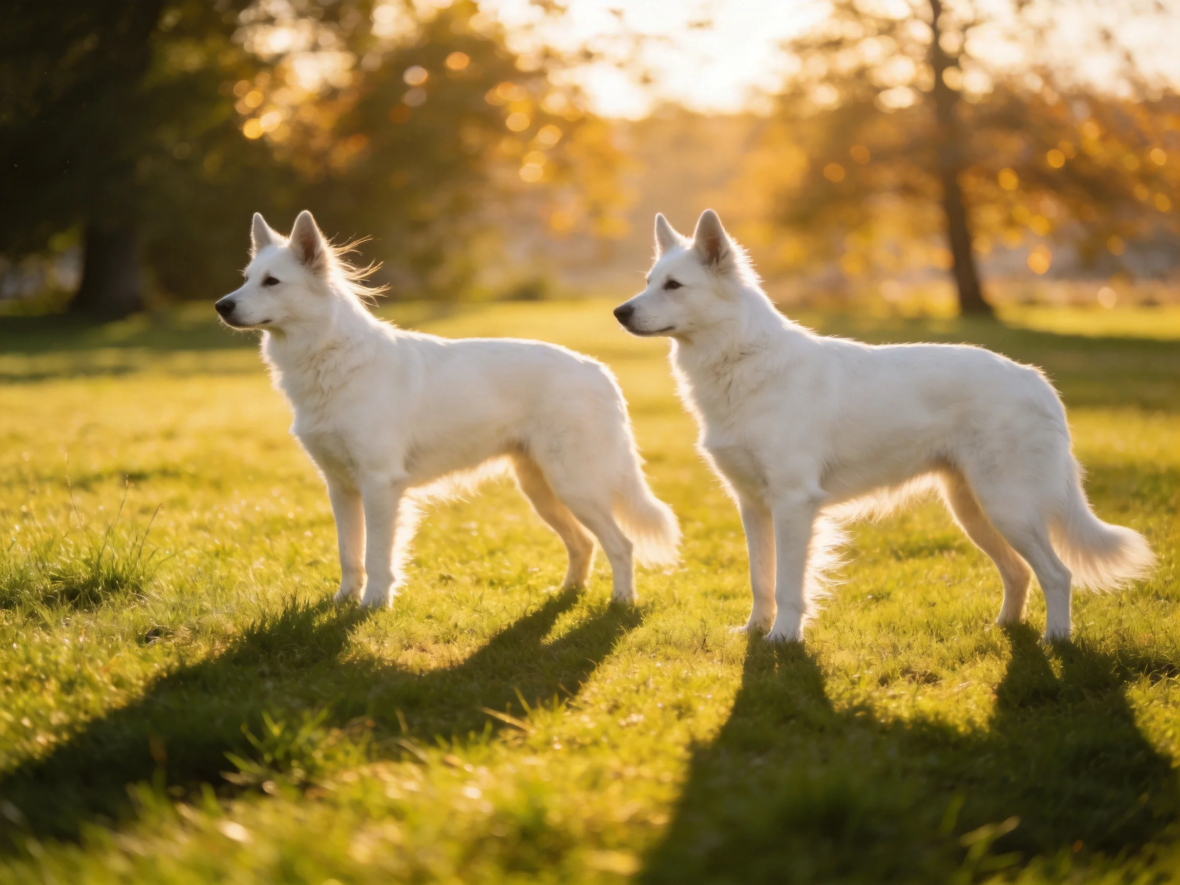 Two white dogs stand on sunlit grass near trees