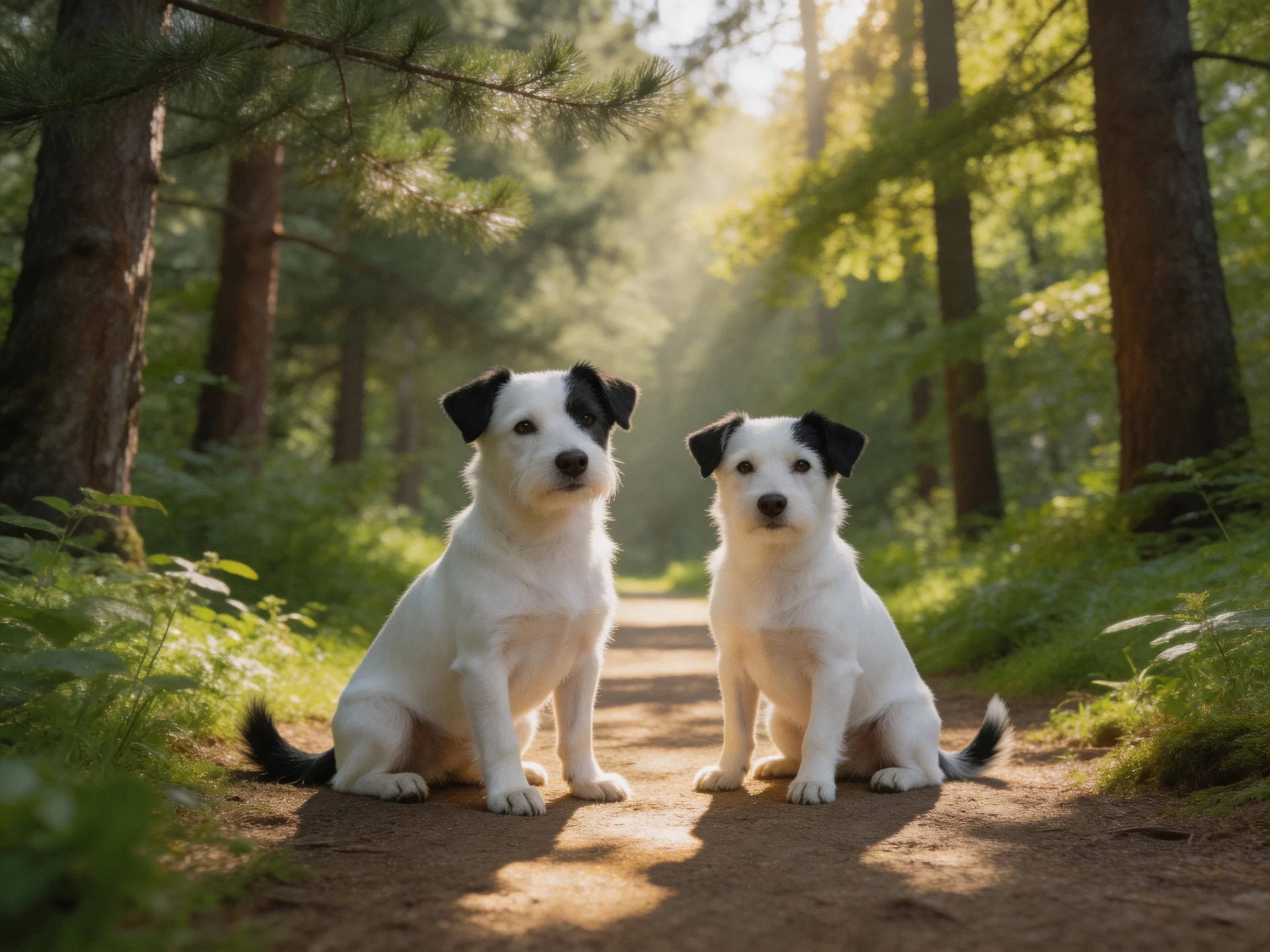 Two white dogs with black ears sit on a sunlit forest path