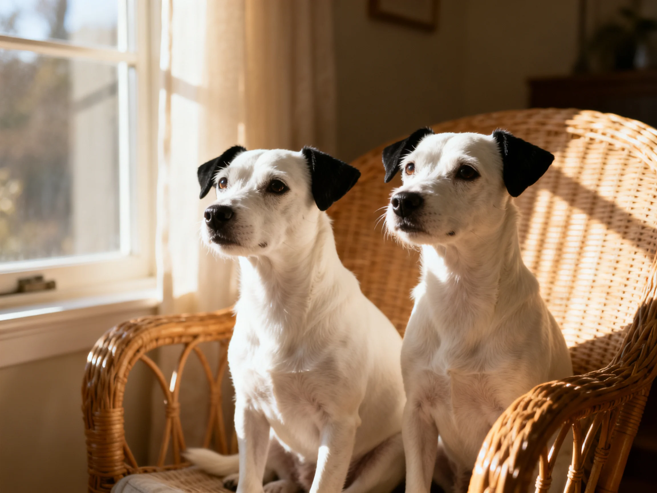 Two white dogs with black ears sit on a wicker chair by a sunlit window
