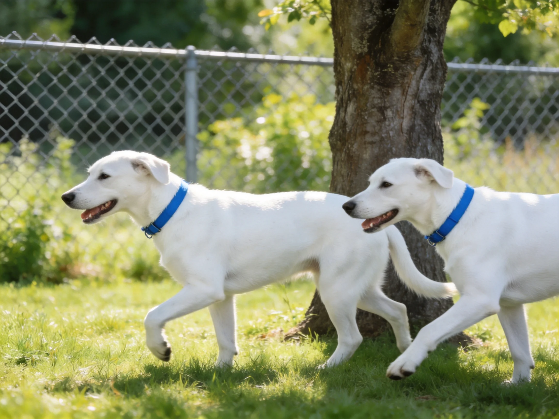Two white dogs with blue collars run near a tree in a fenced yard