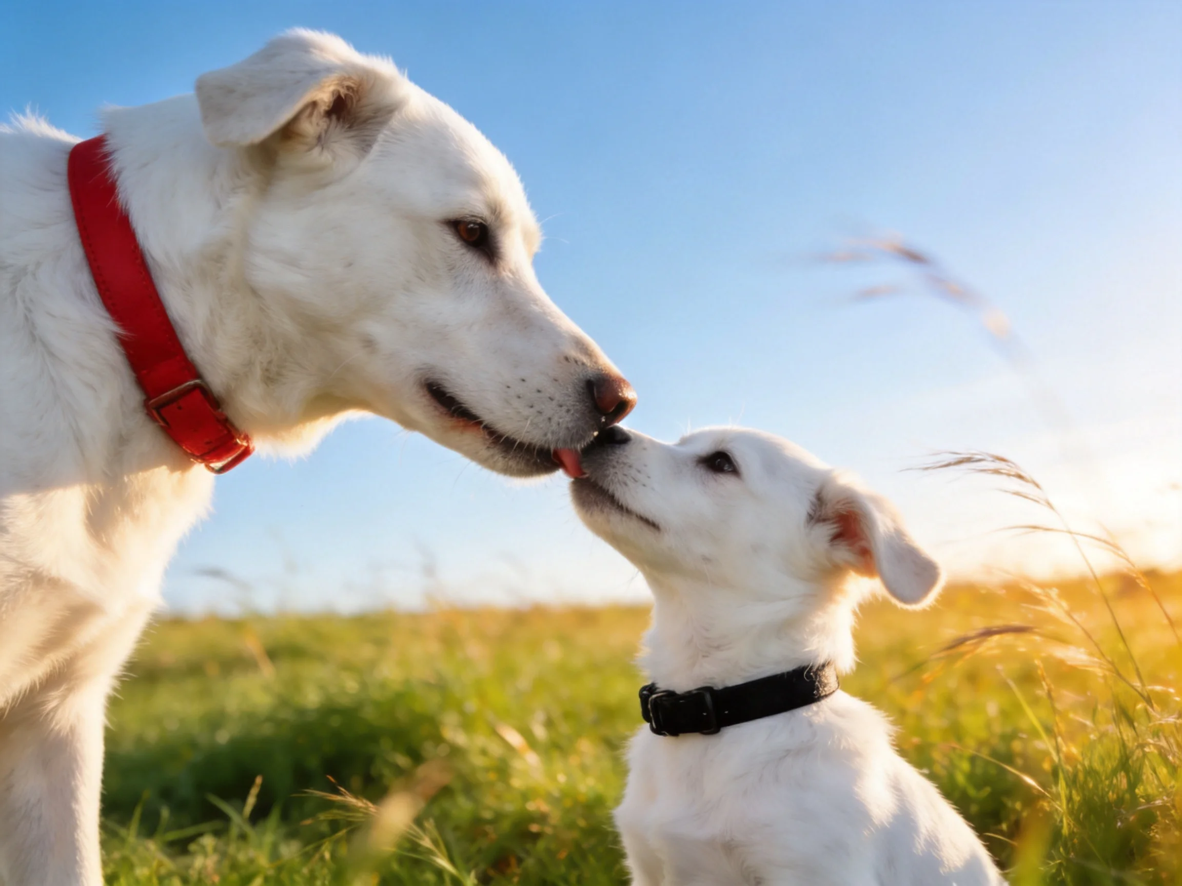 Two white dogs nuzzle each other in a sunlit grassy area.
