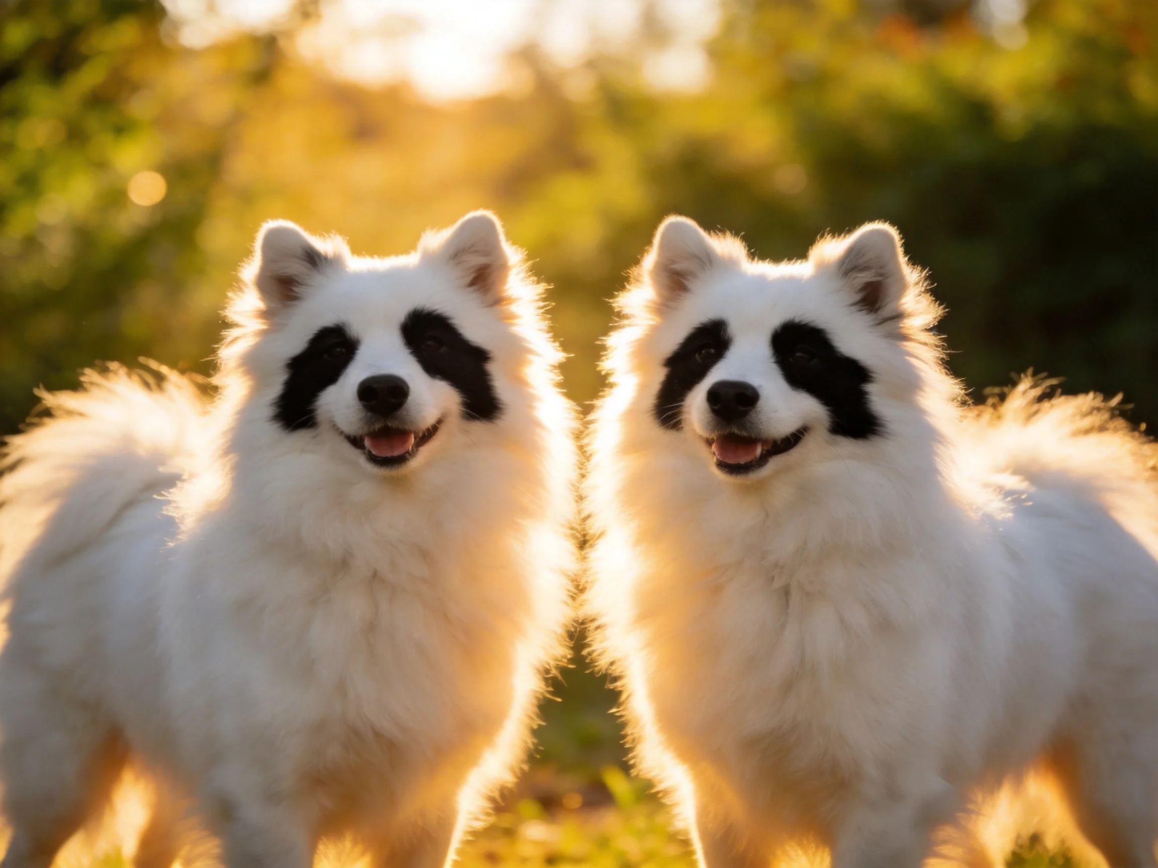 Two white fluffy dogs stand together in a sunlit outdoor area.