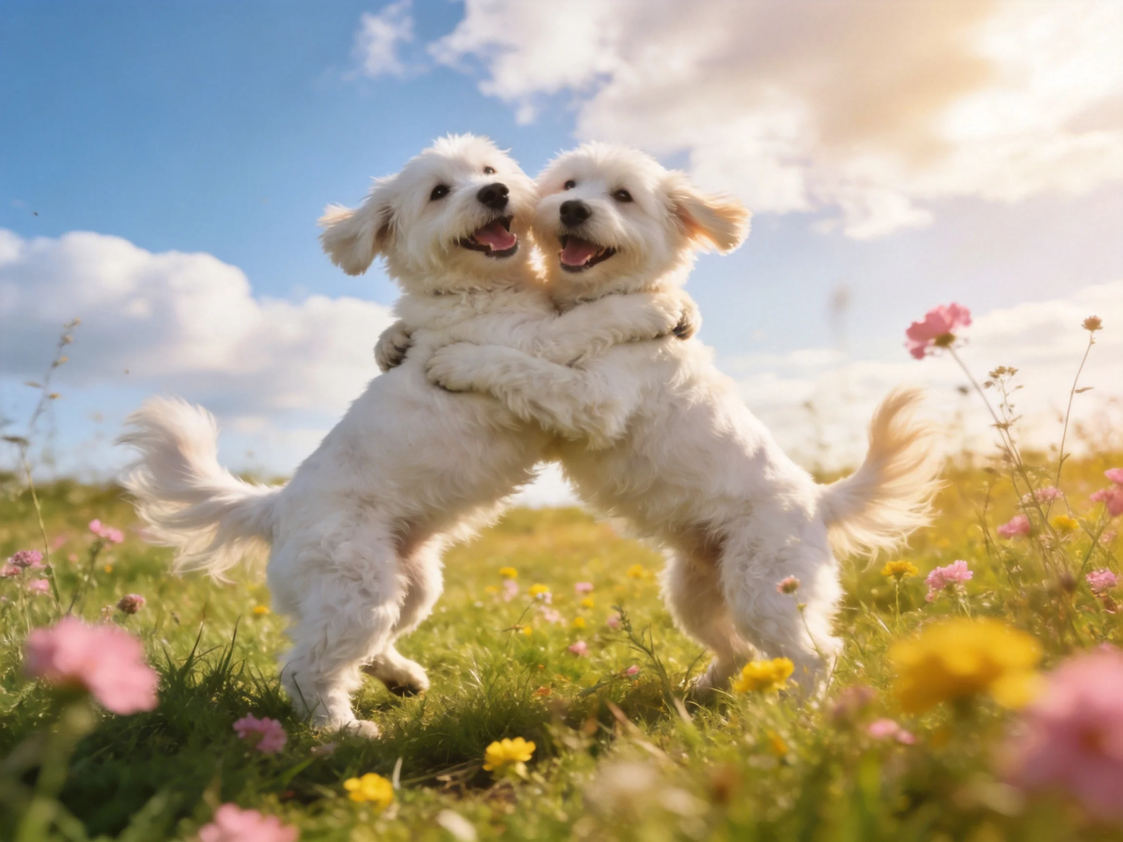 Two white puppies hug in a colorful flower-filled meadow